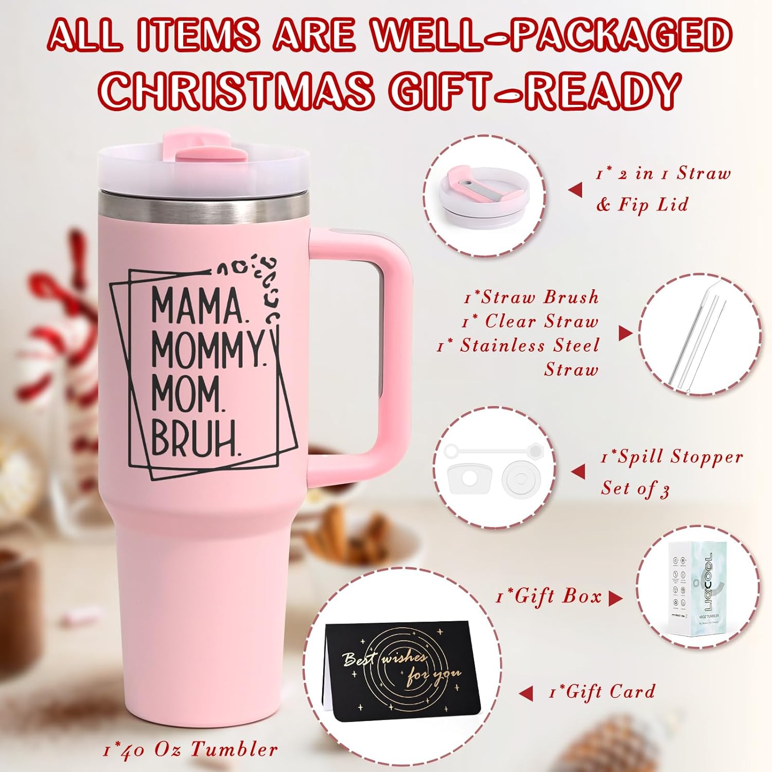 LiqCool Mama Mommy Tumbler, 40 Oz for Mom from Daughter or Son, Funny Mom Gift for Birthday or Mother's Day (Pink) - Image 4