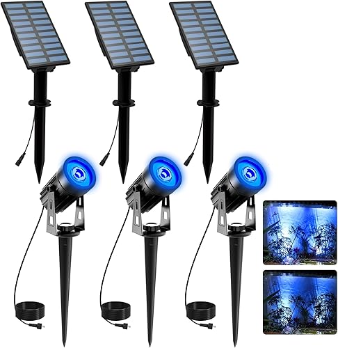 Miniatura 1 de T-SUNUS Paquete de 3 focos solares azules para jardín, luz solar IP65 impermeable de 9.8 pies, panel solar separado de 2000 mAh, encendidoapagado