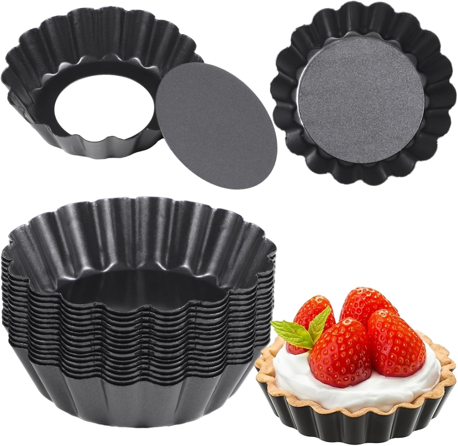 3 in 16 Removable Bottom Tart Pans, Mini Fluted Carbon Steel Nonstick Cake Molds, Flower Shape Pie Pans, Baking Cups for Tarts, Mini Quiche, Pudding, Brownies