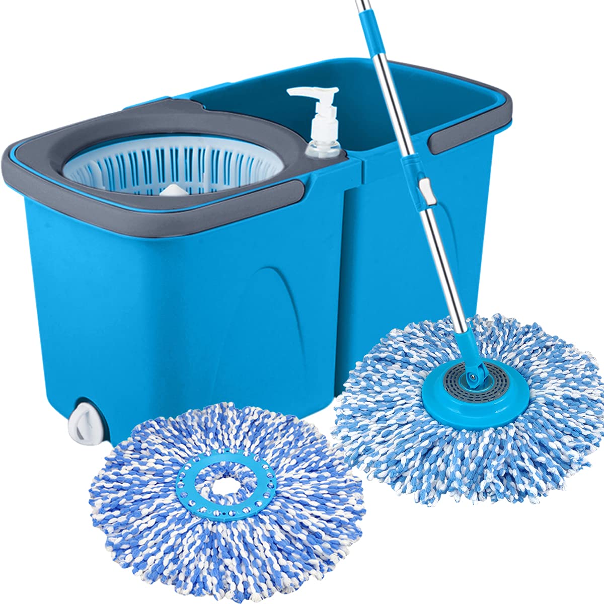 Primeway® Plastic SS Rotating Twin Bucket Spin Mop for Floor Cleaning with 2 Microfibre Refills | Grey | 6 LTR