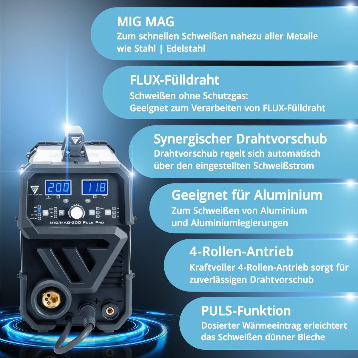 STAHLWERK Schweißgerät 5-in-1 Kombi MIG/MAG 200 Puls Pro – vollsynergisch Schweißen bis 200 A, FLUX (Fülldraht), Lift-TIG, MMA (ARC) und Puls-MIG für Aluminium in einem Gerät, 4-Rollen-Antrieb, IGBT