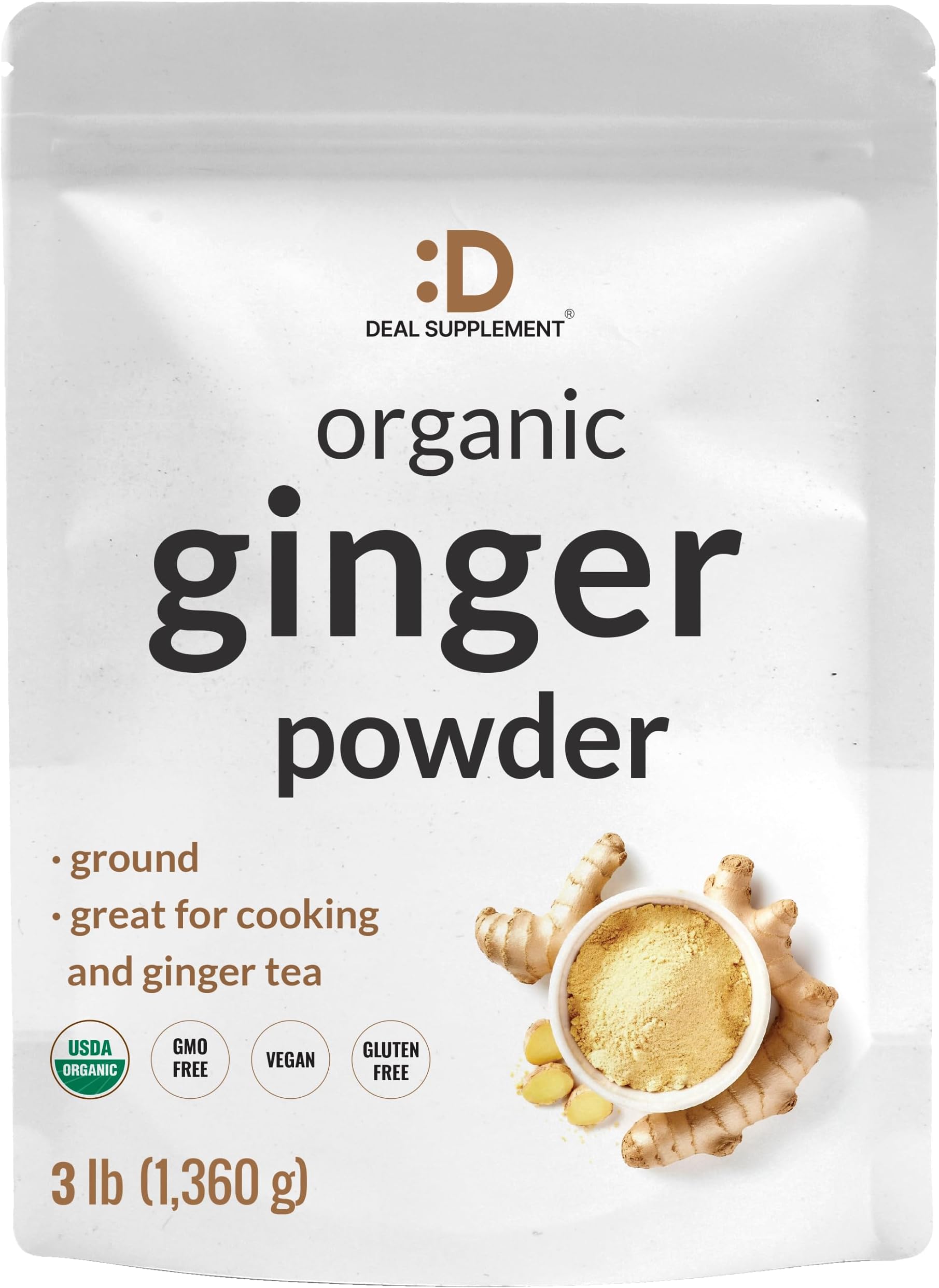 DEAL SUPPLEMENT Organic Fresh Ginger Powder, 3lbs – Finely Ground for Easy Mixing, Raw Ginger Spice Flavor, Indian Origin – Great for Chews, Tea, Candy, & Juice – Non-GMO, Filler Free