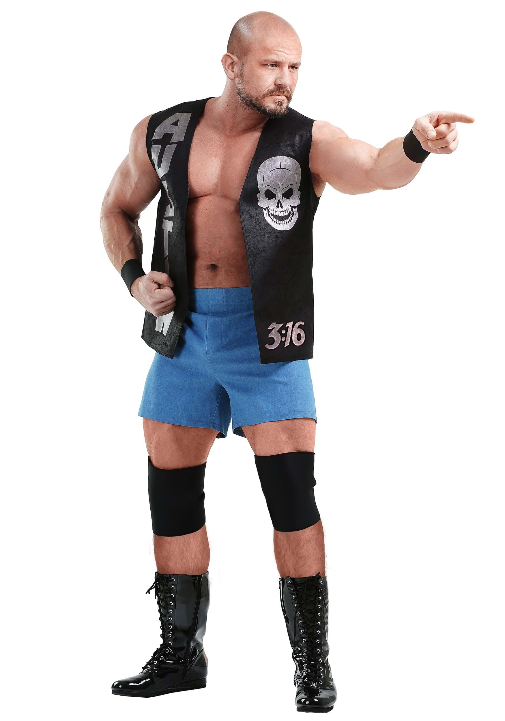 WWE Stone Cold Steve Austin Men's Costume with Austin 3:16 Vest, Shorts Wristbands & Knee Pads - Officially Licensed