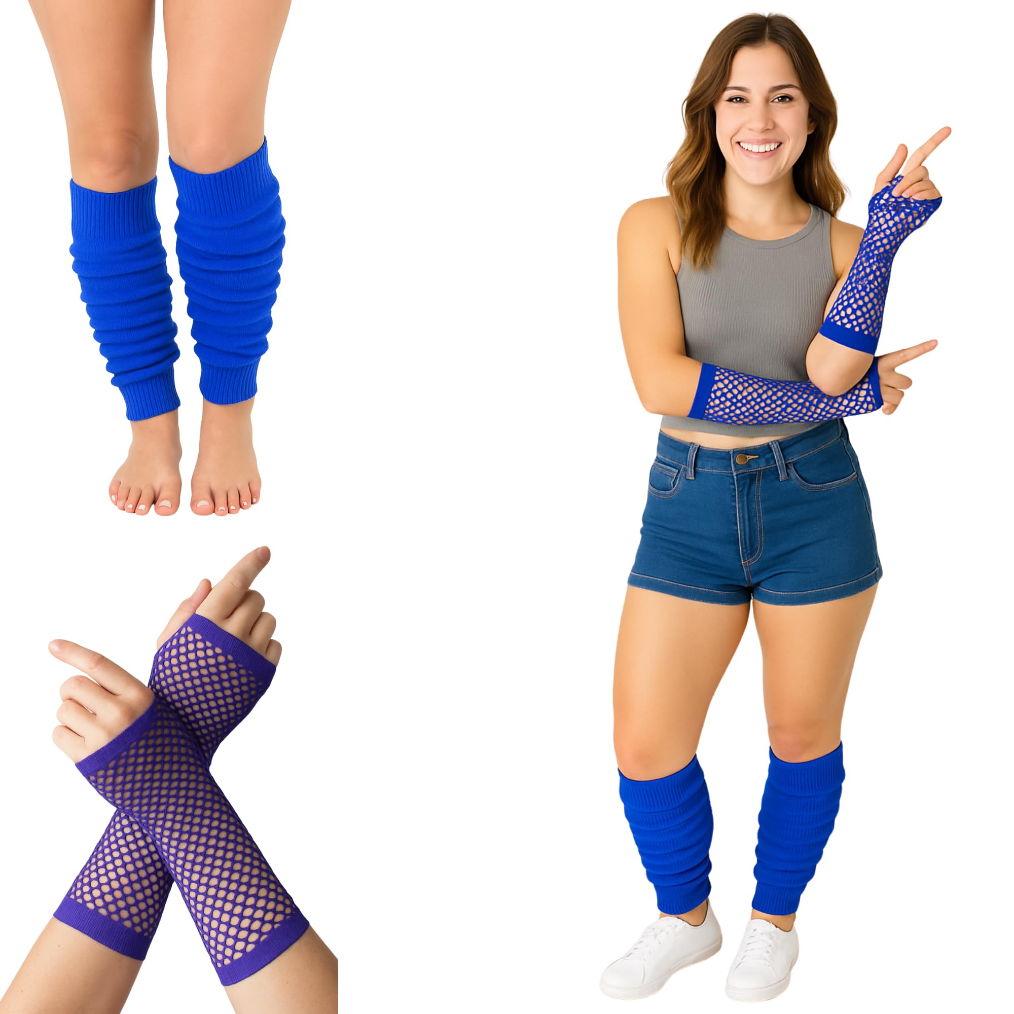 Fna Fashions Women's Royal Blue Neon Long Fishnet Gloves And Leg Warmers Fancy Hen Night 80’S Party Novelty Dress (, One Size)