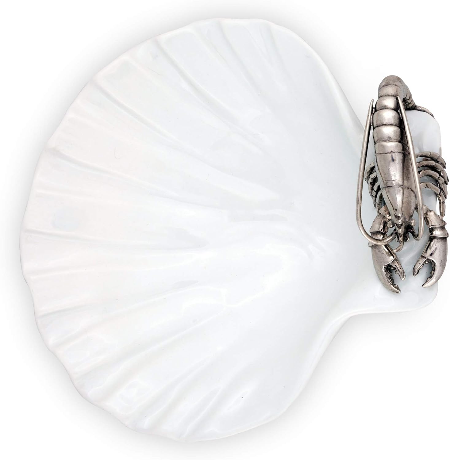 Vagabond House Porcelain Plate with Solid Pewter Shrimp Accents 8.25 inch Long x 8.5 inch Wide