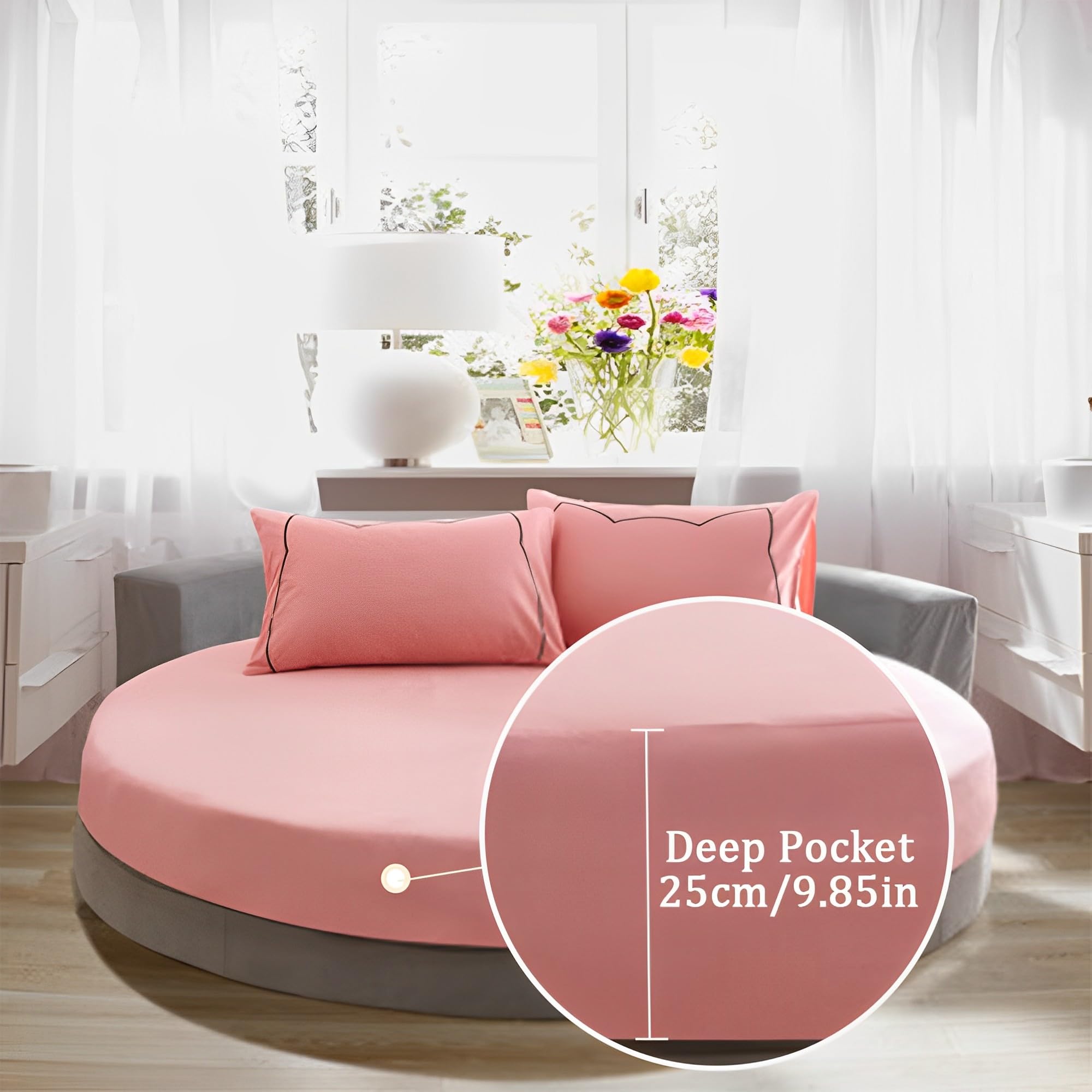 Highdi Rund Spannbettlaken Baumwolle Weiches Atmungsaktiver Mikrofaser Bettlaken, Matratzenschoner Tiefe Tasche für bis 25cm Matraze (250cm,Helles Rosa 1)