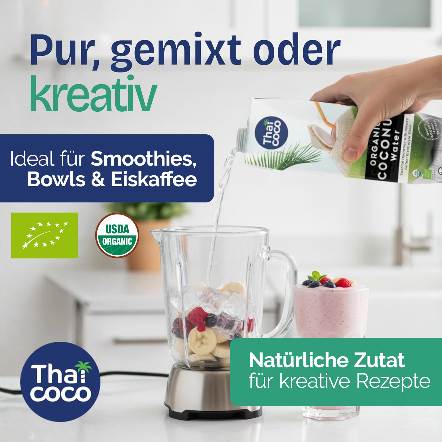 Thai Coco, agua de coco 100% pura, 12 x 1 l, procedente de Tailandia – Agua de coco natural con electrolitos – Sin azúcares añadidos ni conservantes – Bebida hidratante para el deporte y el día a día