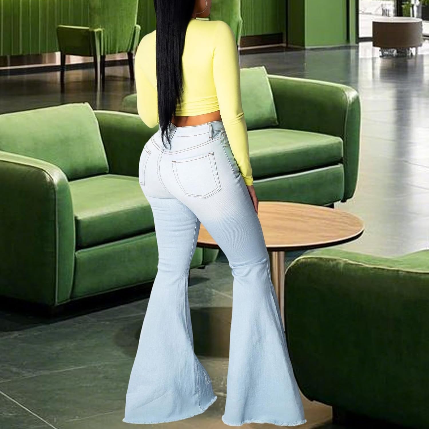 70s Bell Bottom Jeans for Women Elastic High Waisted Raw Hem Denim Pants Classic Vintage Flared Jeans - Image 2