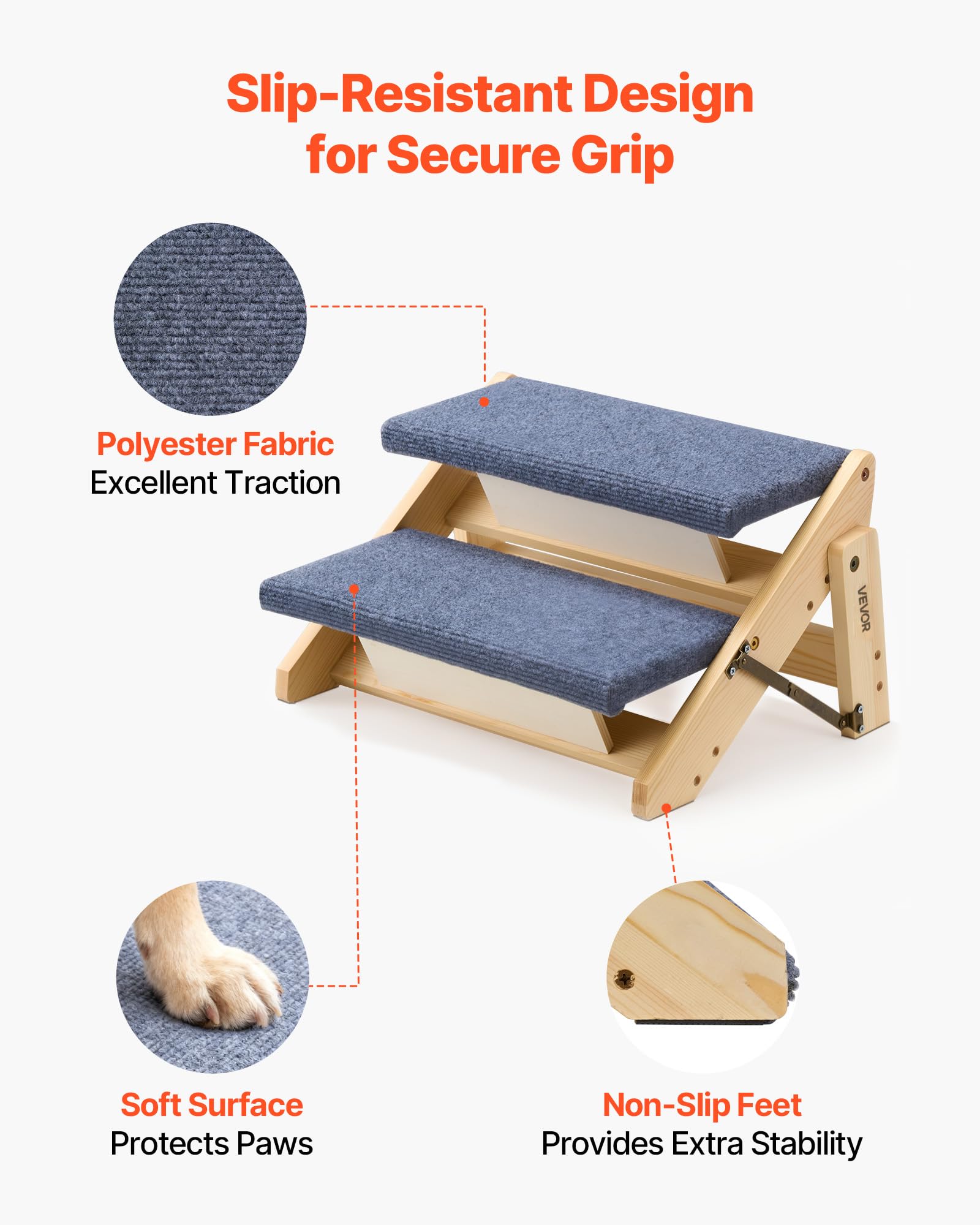 VEVOR Escalera de Madera para Mascotas, 2 Peldaños, para Camas, Sofás y Coches, Carga 50 kg, Plano y Plegable, Estable y Resistente, para Mascotas Pequeñas, Medianas y Grandes, 370 x 470 x 260 mm
