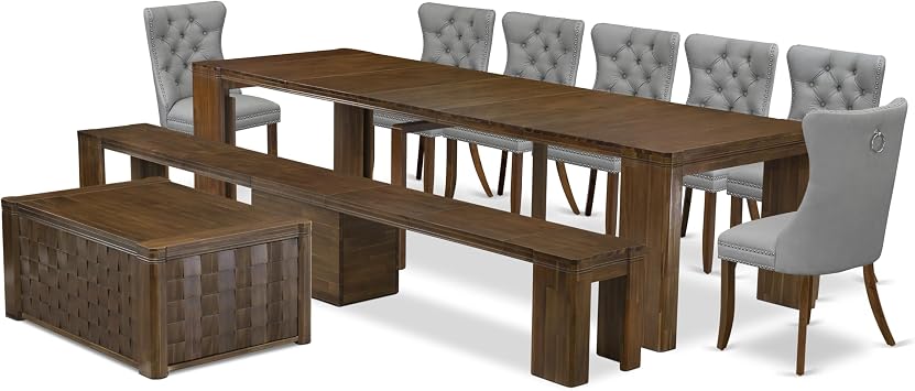 X07DA-BC8-27 10-Pc Dining Set includes an Extendable Rectangle Kitchen Table, 1 Coffee Table, 7 Polyester Dining Chairs and 1 Bench, 39x120 Inch, Antique Walnut