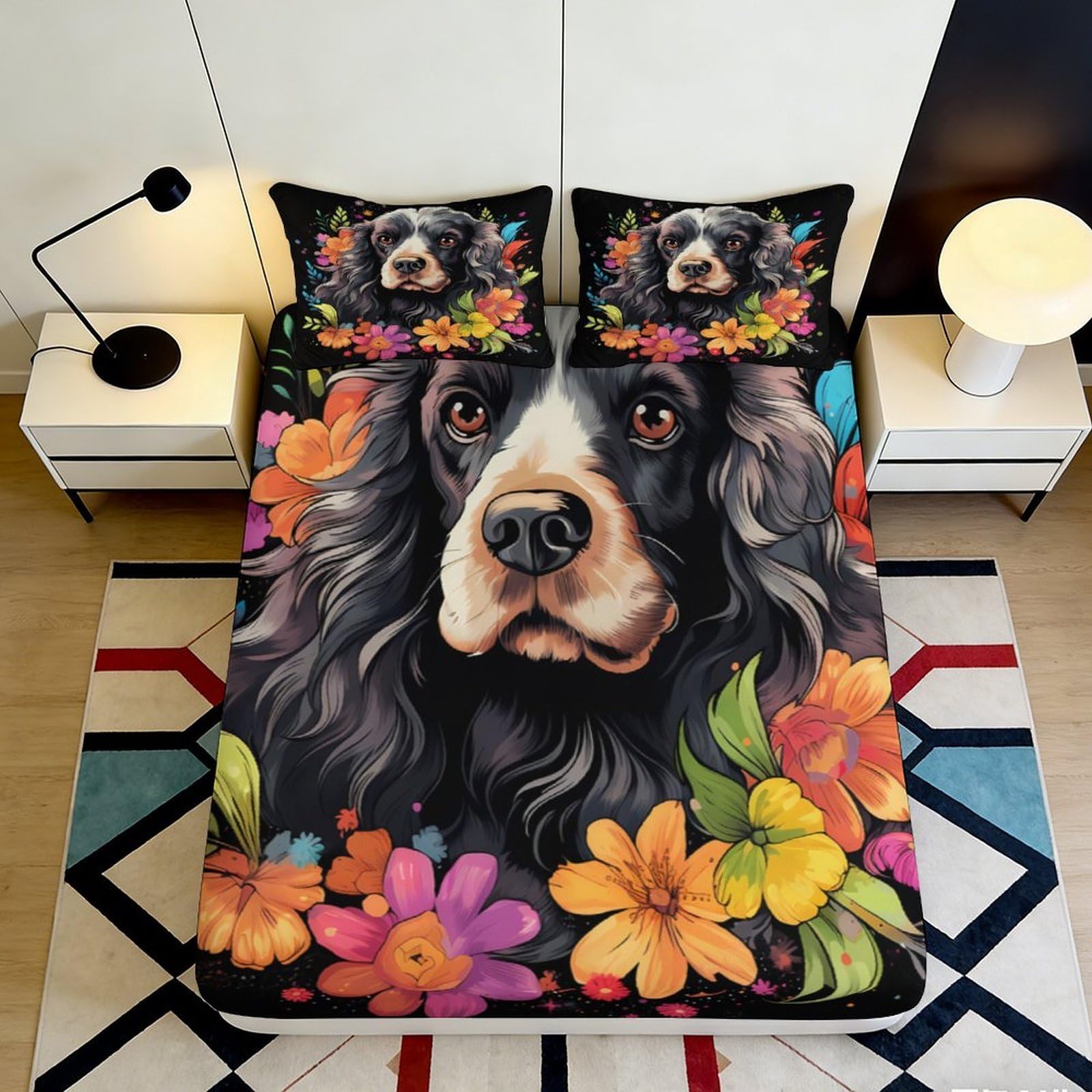 3D Printed Black Spaniel Dog Fitted Sheet Microfiber Colourful Floral Bed Cover for Bedroom Guest Room Decor 90x200x25cm