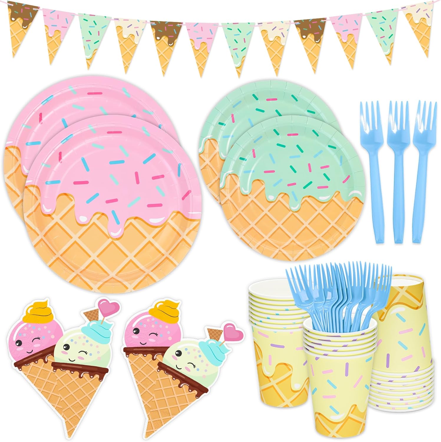 DYLIVeS 132 Pcs Ice Cream Birthday Party Supplies, Ice Cream Disposable Tableware Set Party Table Decorations for Girl, 9'' and 7'' Plates, Napkins, Cups, Forks, Banner, Serves 24