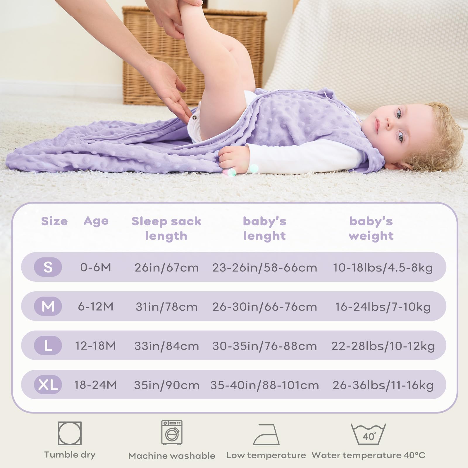 FIEMOL Sacco Nanna Invernale 18-24 Mesi, Neonato Sacchi Nanna 1.5 Tog Autunno con Pois di Peluche, Morbido Sacco Nanna per Bambini in Cotone, Confezione da 2 Pezzi Rosa e Viola