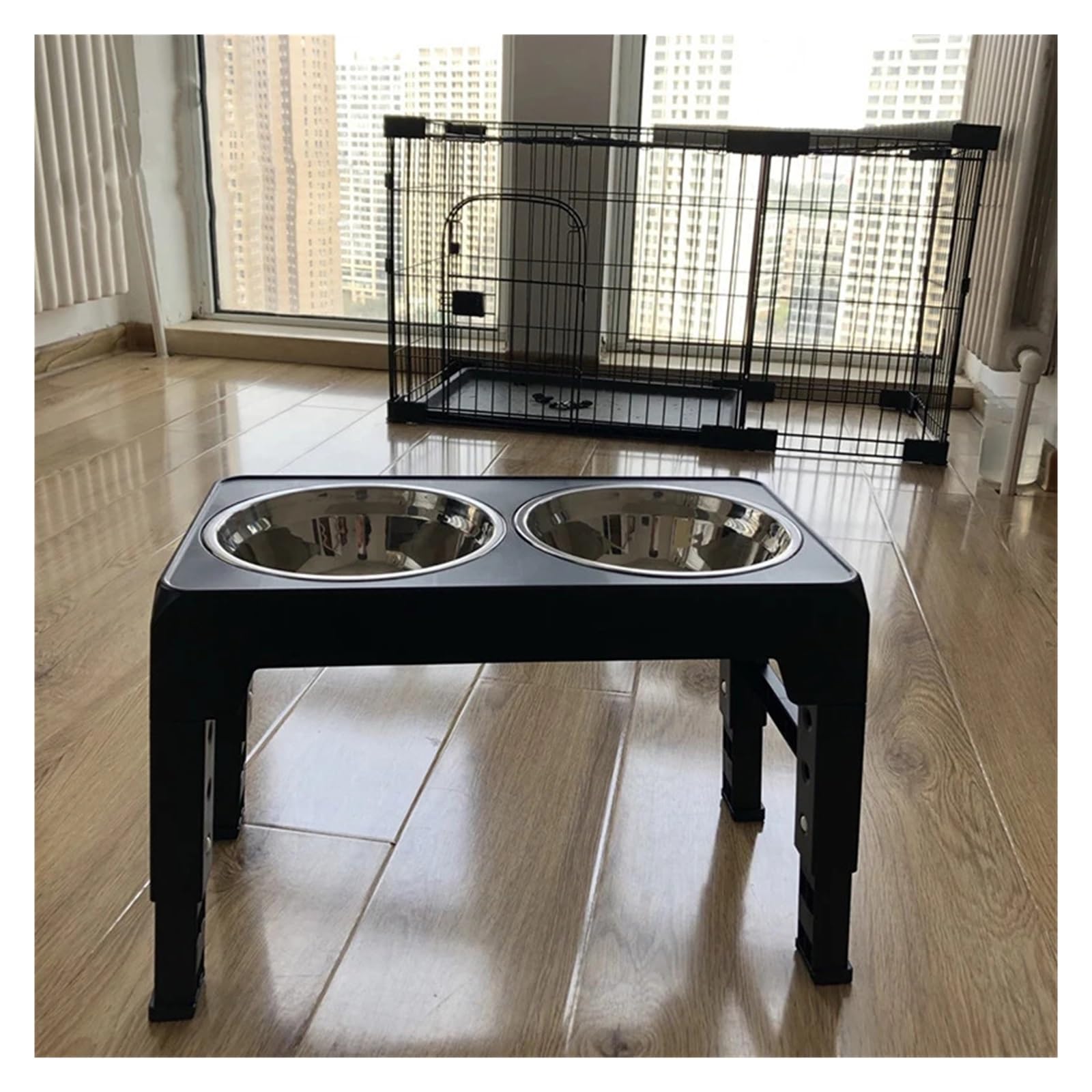 Genérico Comederos elevados for Perros con Soporte Ajustable y Doble Bebedero de Acero Inoxidable for pequeños, medianos Grandes(Black)