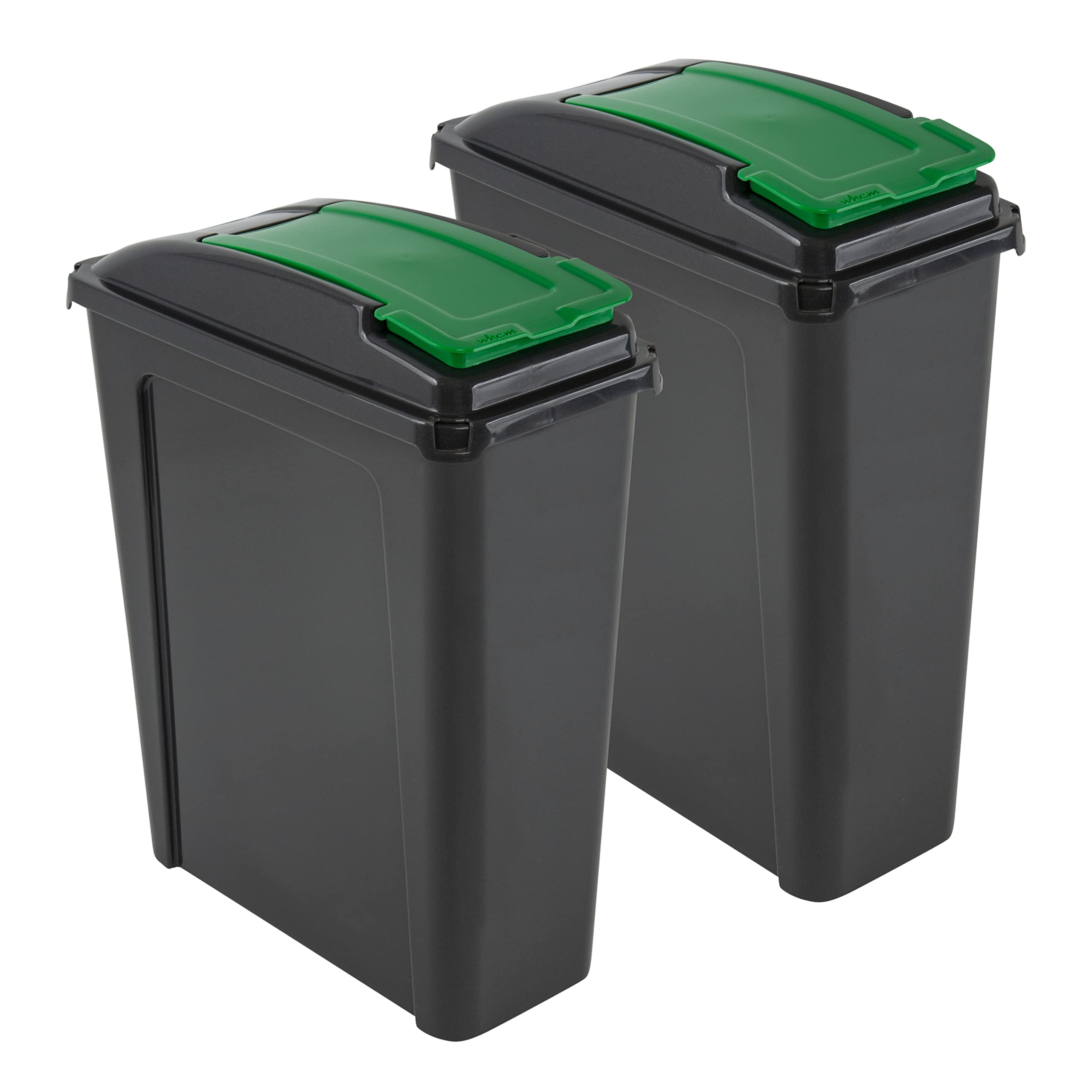 25L Slimline Bin Green Set of 2 Heavy-Duty Plastic Recycling Waste Bins with Flap Lid, Tall Slim, Durable, Made in UK Waste Rubbish Bins Dustbin for Home & Kitchen Bedroom