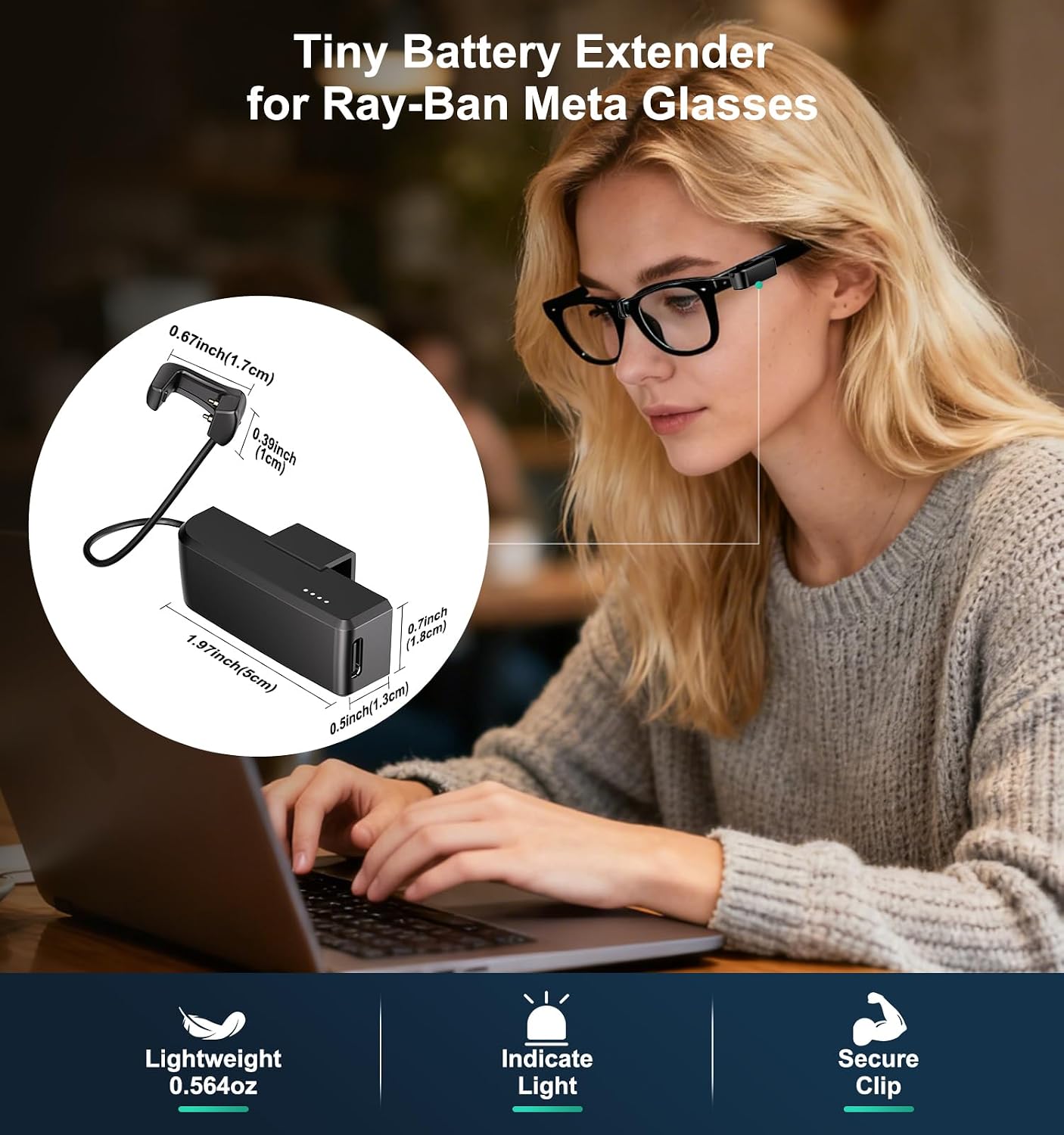 Travel-Friendly Power Bank for RayBan Meta AI Glasses Gen 1/2, Ultra-Light Wearable Mini Power Bank for Wayfarer, Headliner, Skyler, Fast Charging Portable Magnetic Charger Accessories with USB-C Port
