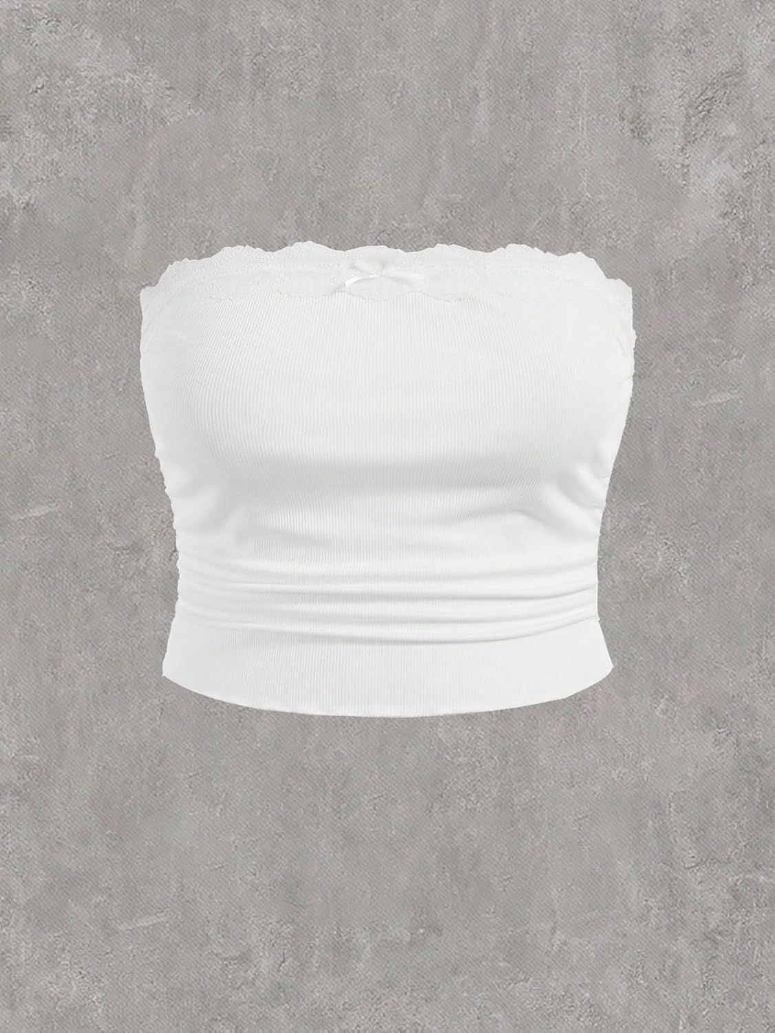 Floerns Women's 2 Pcs Plus Size Solid Strapless Lace Ruched Front Crop Tube Top - Image 3