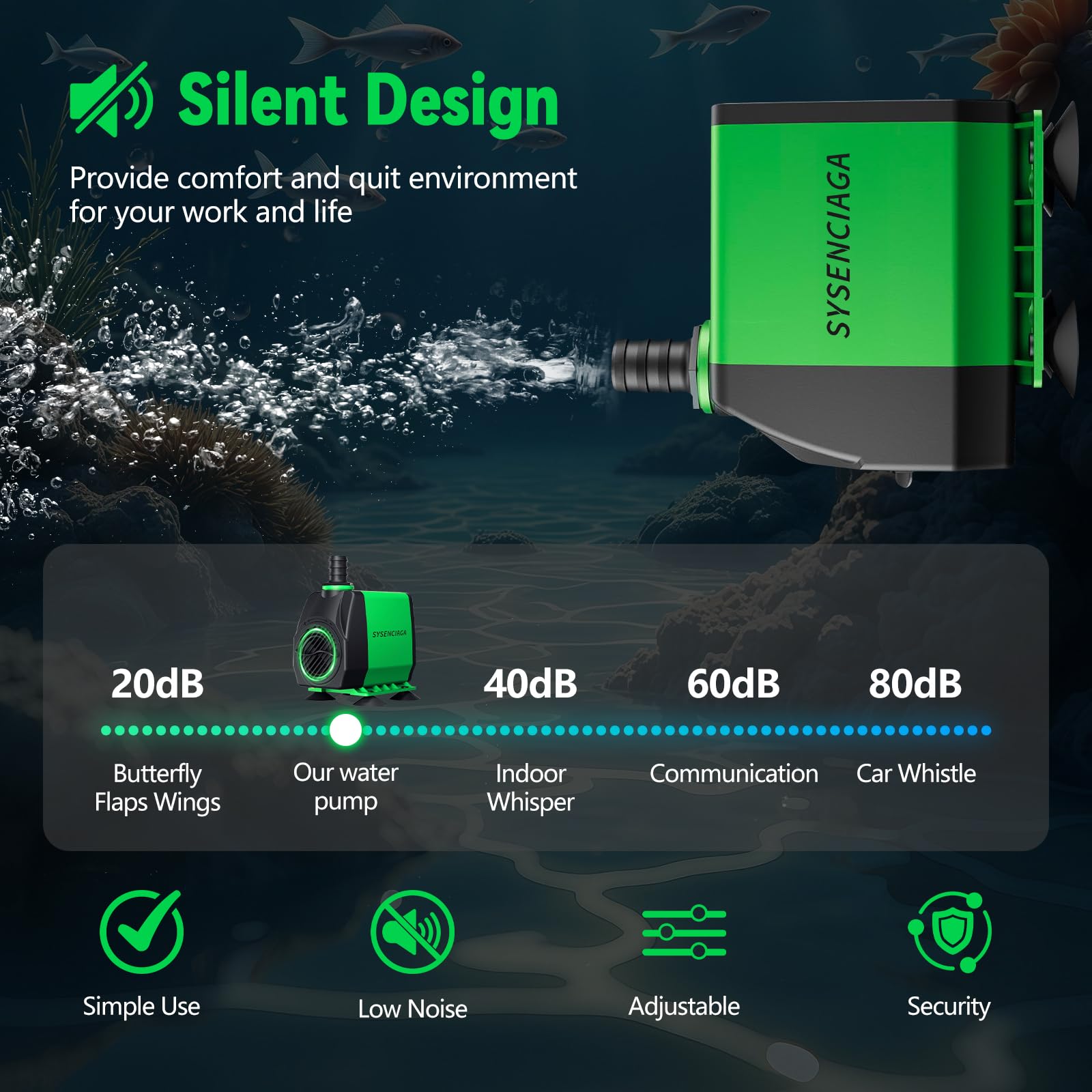 Tauchwasserpumpe für Brunnen, 40 W, verstellbare Ultra-leise, Aquariumpumpe 1000 GPH, kleine Teichpumpe mit 3 Düsen, 3 Fuß Hebung für kleinen Teich