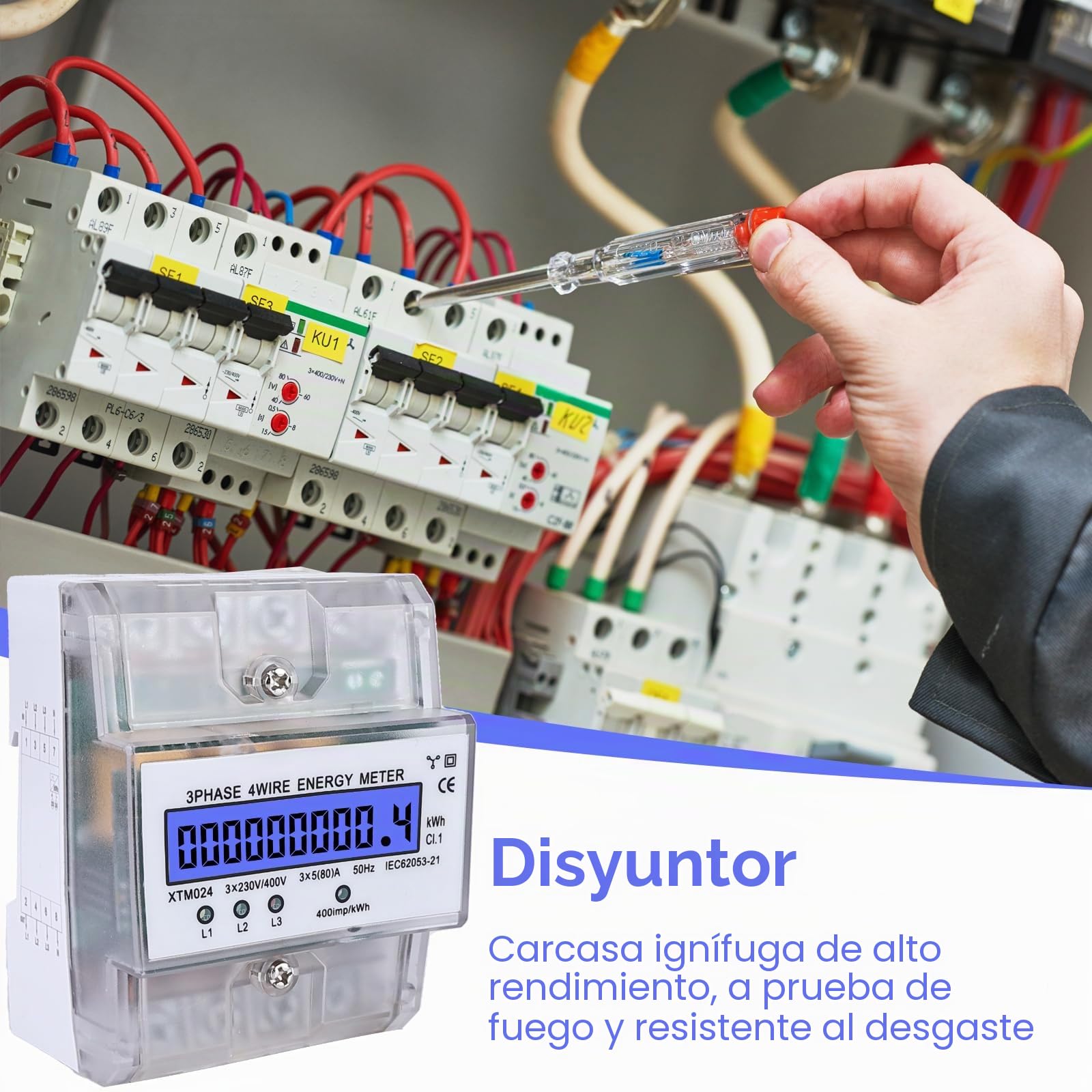 Medidor eléctrico digital - Medidor eléctrico trifásico de 4 cables, medidor de electricidad 3x230/400V 5(80) calibrado, medidor de energía para riel DIN, medidor eléctrico calibrado