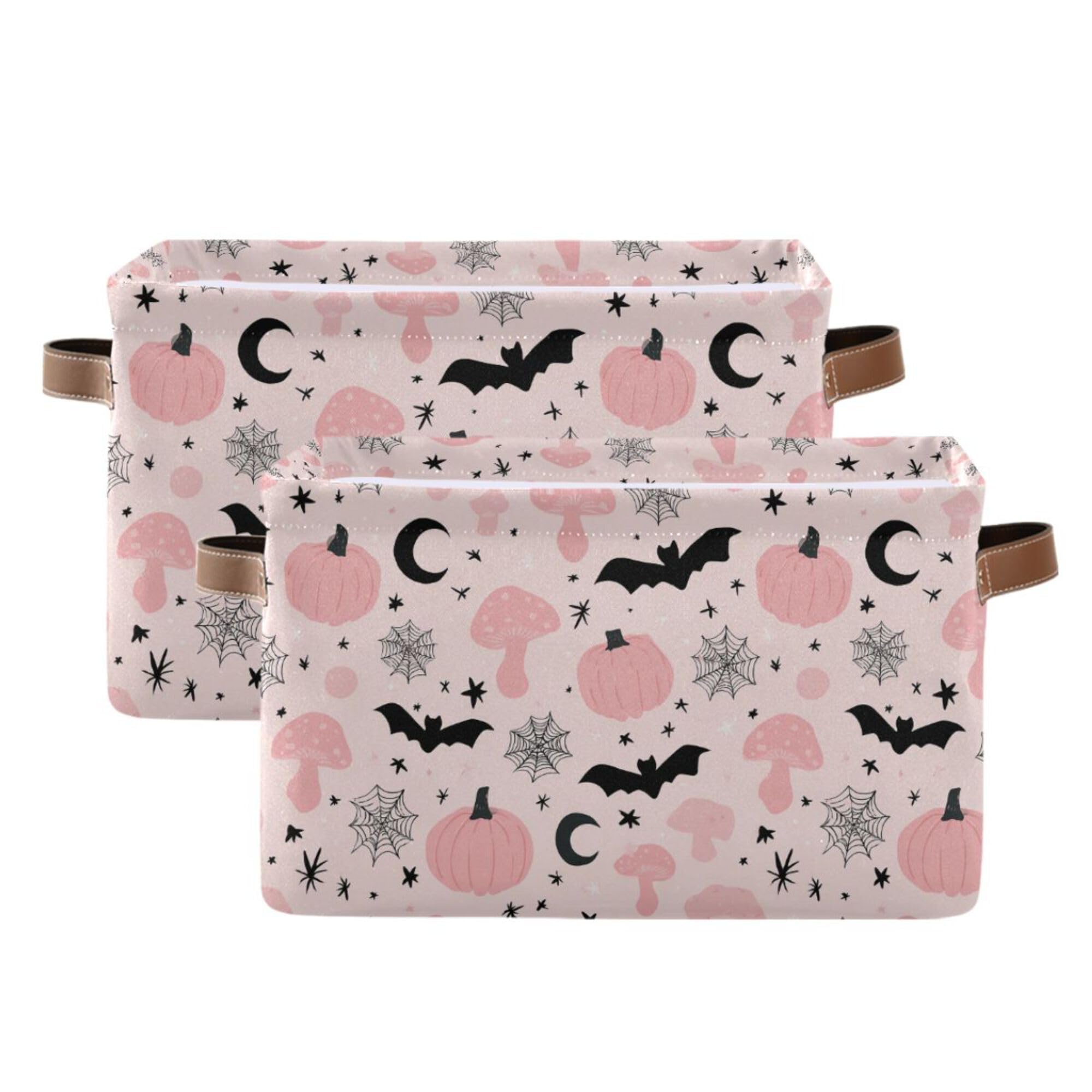 Happy Halloween Pink Storage Basket with Waterproof Liner and PU Handles Pumpkin Bat Moon Mushroom Storage Bins Boxes 14.2" Collapsible Decorative Organizer Baskets for Bedroom Closet Office 2 Pack