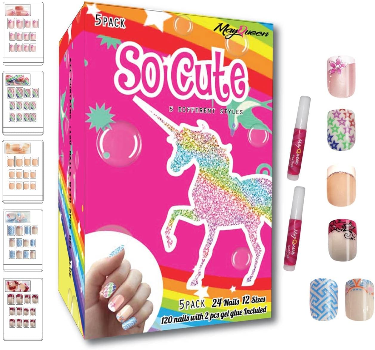 MAY QUEEN 120 PCS 5 Pack Children Artificial Fake Nails With Two Glues Full Cover False Nail Kits for Kids (So Cute)