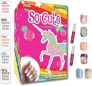 MayQueen 120 PCS 5 Pack Children Artificial Fake Nails With Two Glues Full Cover False Nail Kits for Kids (So Cute)
