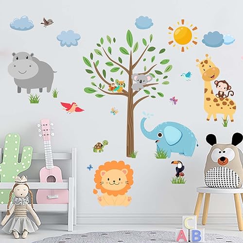 Amimagen Calcomanías de pared de animales de bebé de la selva, elefante, león, jirafa, hipopótamo, bosque, decoración de pared para habitación de