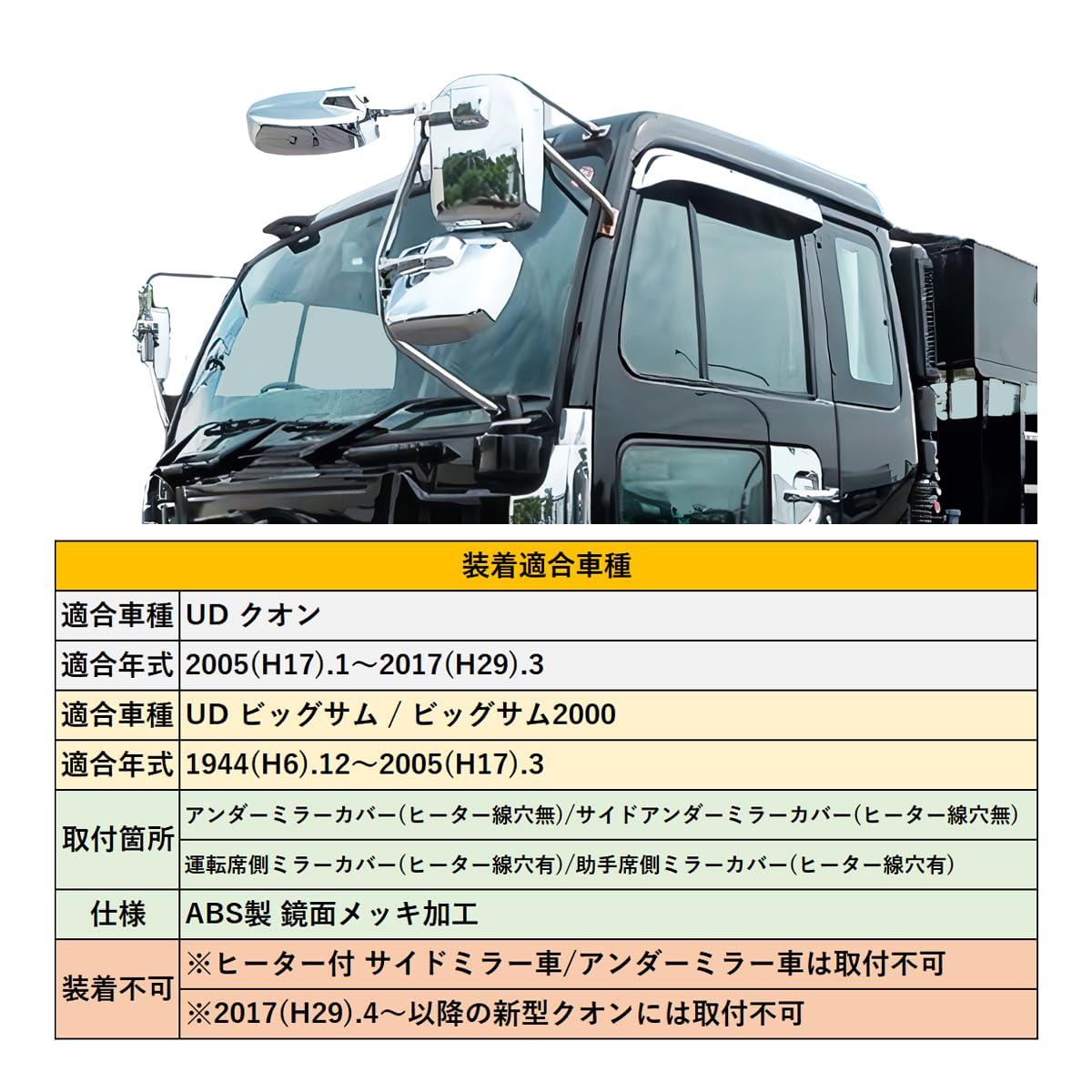 UDクオン　メッキミラーカバー H17.1～H29.3 Amazon | UD クオン メッキ ミラーカバー 4PCS セット ABS製 H17.1