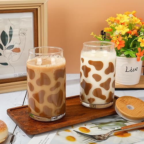 Miniatura 6 de Whaline Paquete de 2 vasos de bebida de vaca Highland de 16 onzas con estampado de vaca marrón, taza de café helado de vaca con tapas de bambú,