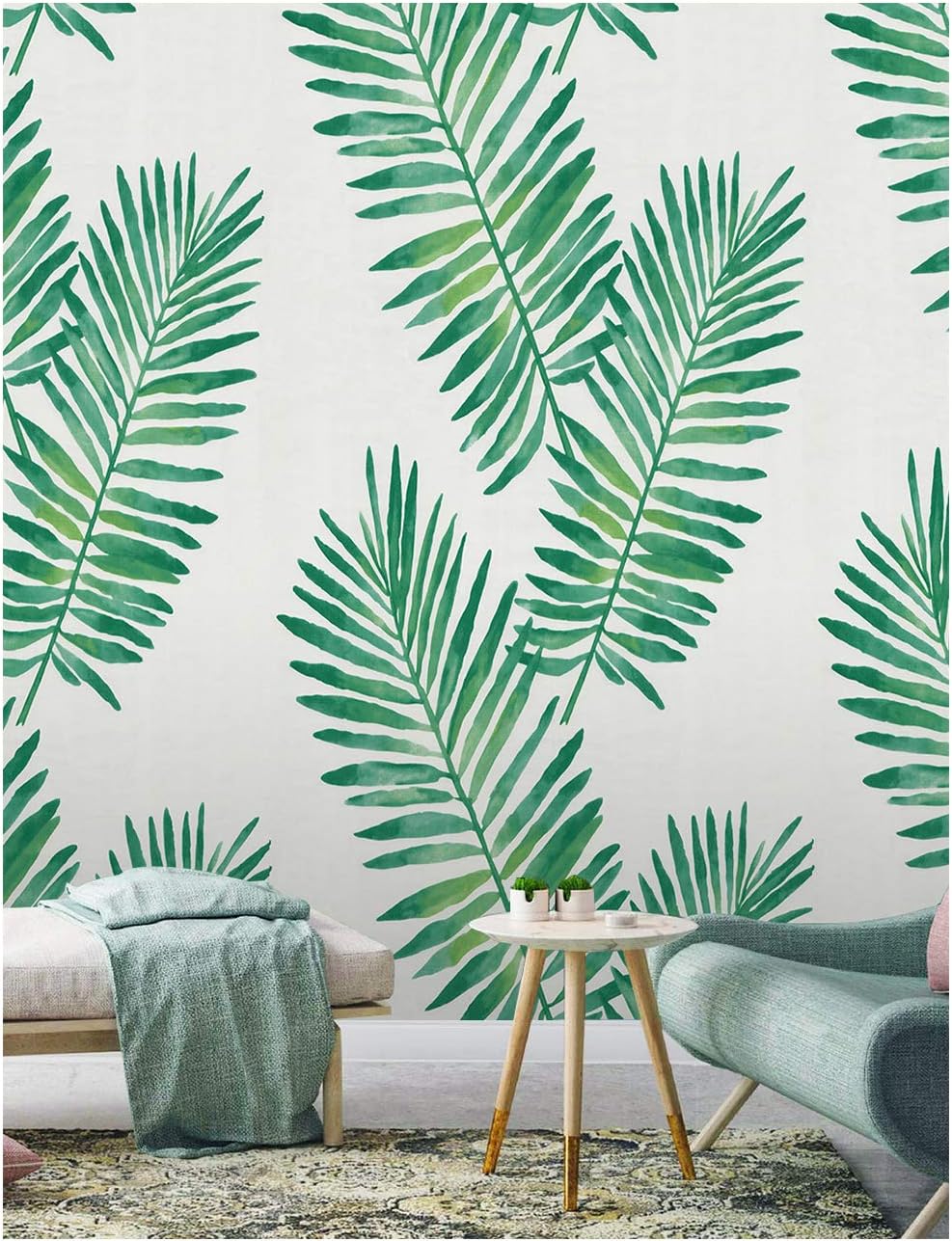 HAOKHOME 93024 Tropical Palm Peel and Stick Wallpaper Removable Green White Vinyl Self Adhesive 17.7in x 9.8ft
