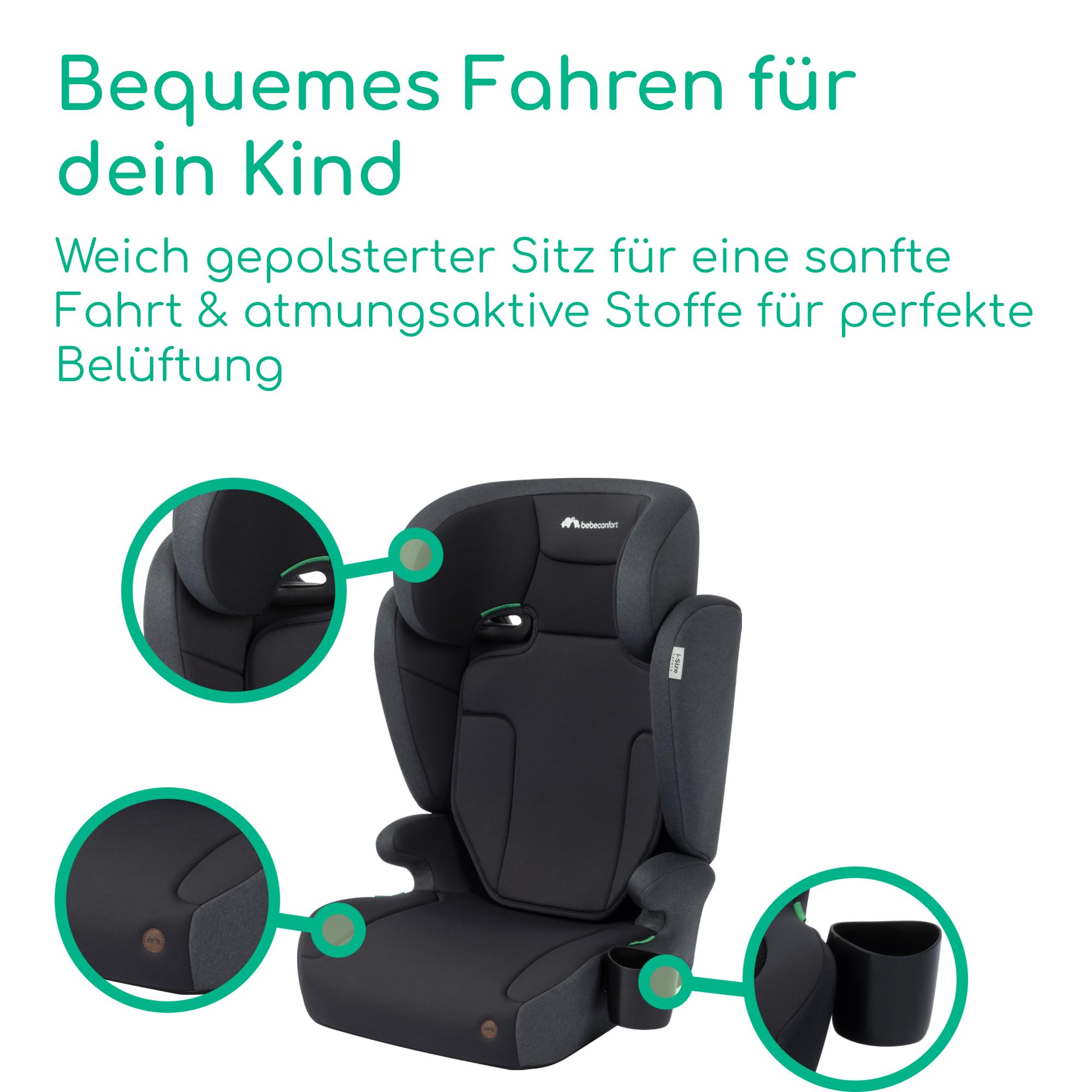 Bebeconfort Ride 2-in-1 i-Safe Kindersitz, 3,5-12 Jahre (100-150 cm), Kindersitz mit Gurt, Abnehmbare Rückenlehne, Leicht (3,4 kg), 11 Kopfstützpositionen, Becherhalter, Full Black