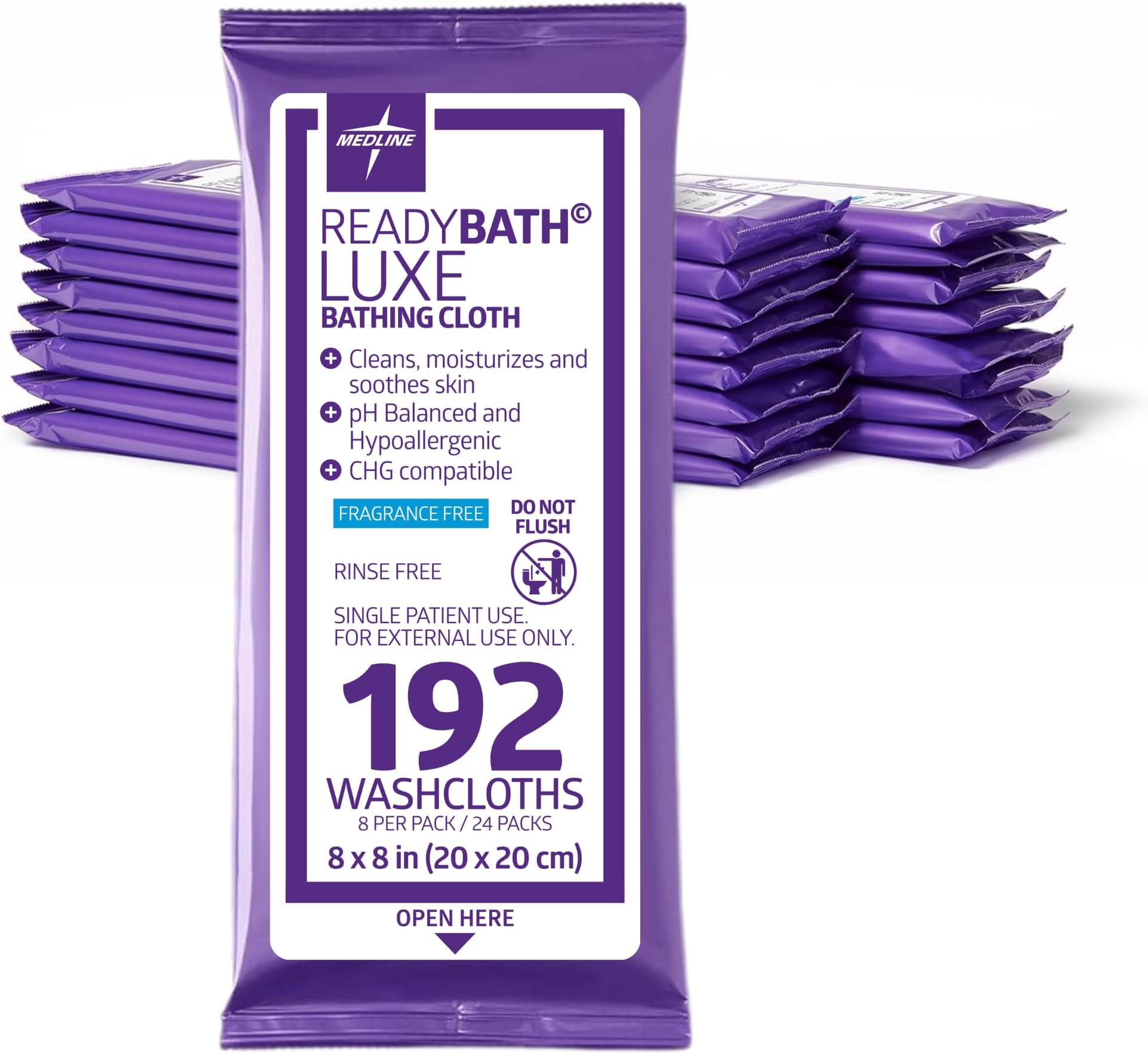 ReadyBath LUXE Extra Thick Adult Bath Wipes, 192 Wipes (8 Wipes, 24 Packs), Unscented, No Rinse Formula with Aloe, Shower Wipes for Sensitive Skin, Hypoallergenic Body Wash Wipes, 8 x 8 Inch