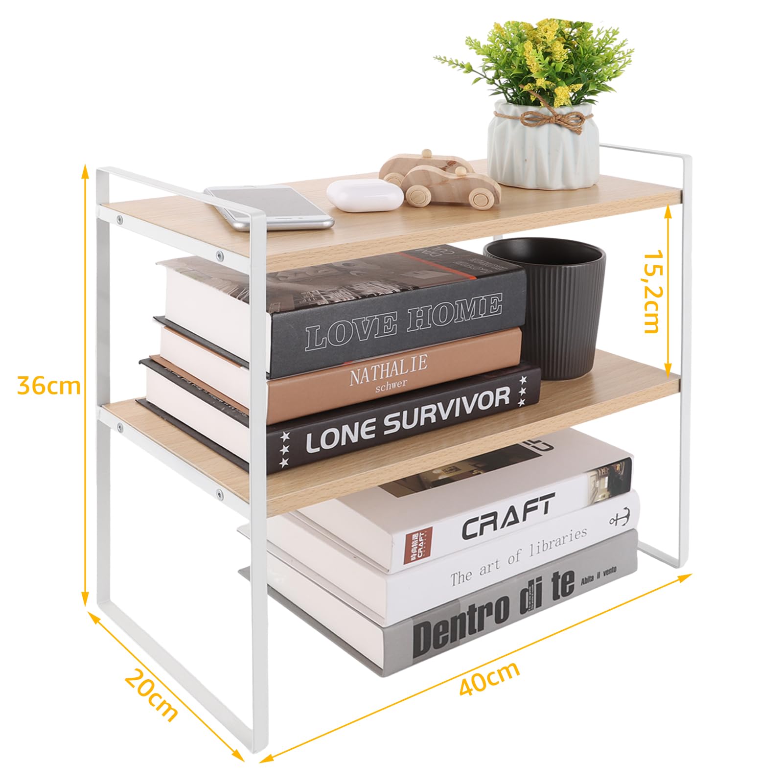 Étagère de bureau en bois, 40 x 20 x 36 cm, à 2 étages, multifonctionnelle, blanche, pour la maison, le bureau, l'école
