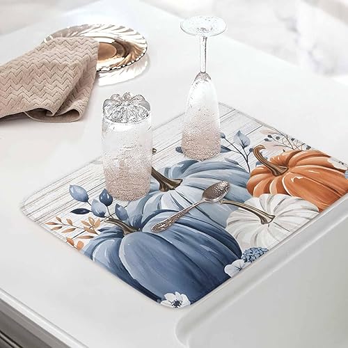 Miniatura 4 de Tapete de secado de platos de otoño de calabazas azules, naranjas y grises para encimera de cocina, almohadilla de secado de microfibra para Hola