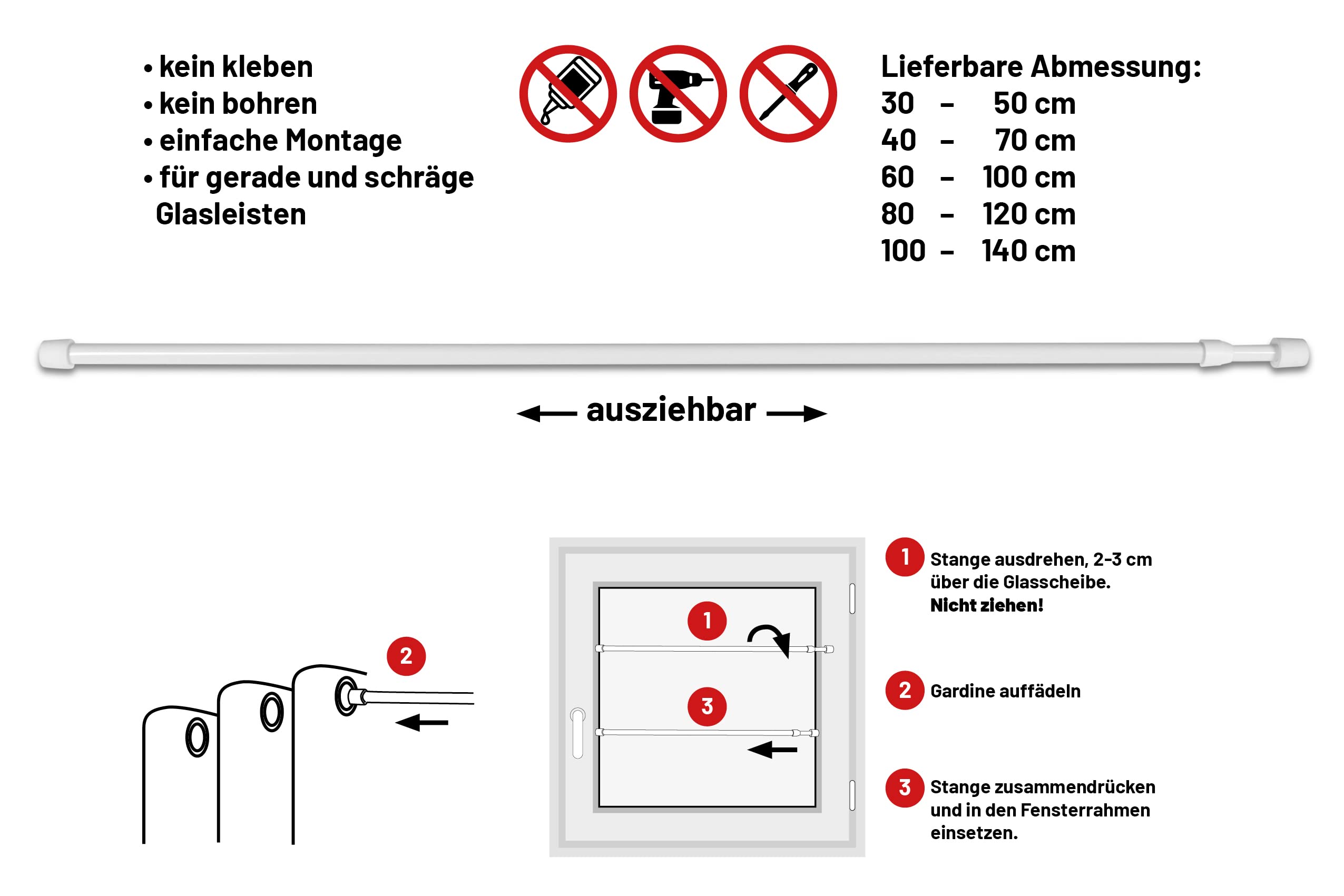 Deco-Raum Asta Per Tende Girevole Bianca 40-70 Cm, Set Da 2, Senza Fori, Montaggio A Pressione, Metallo E Plastica