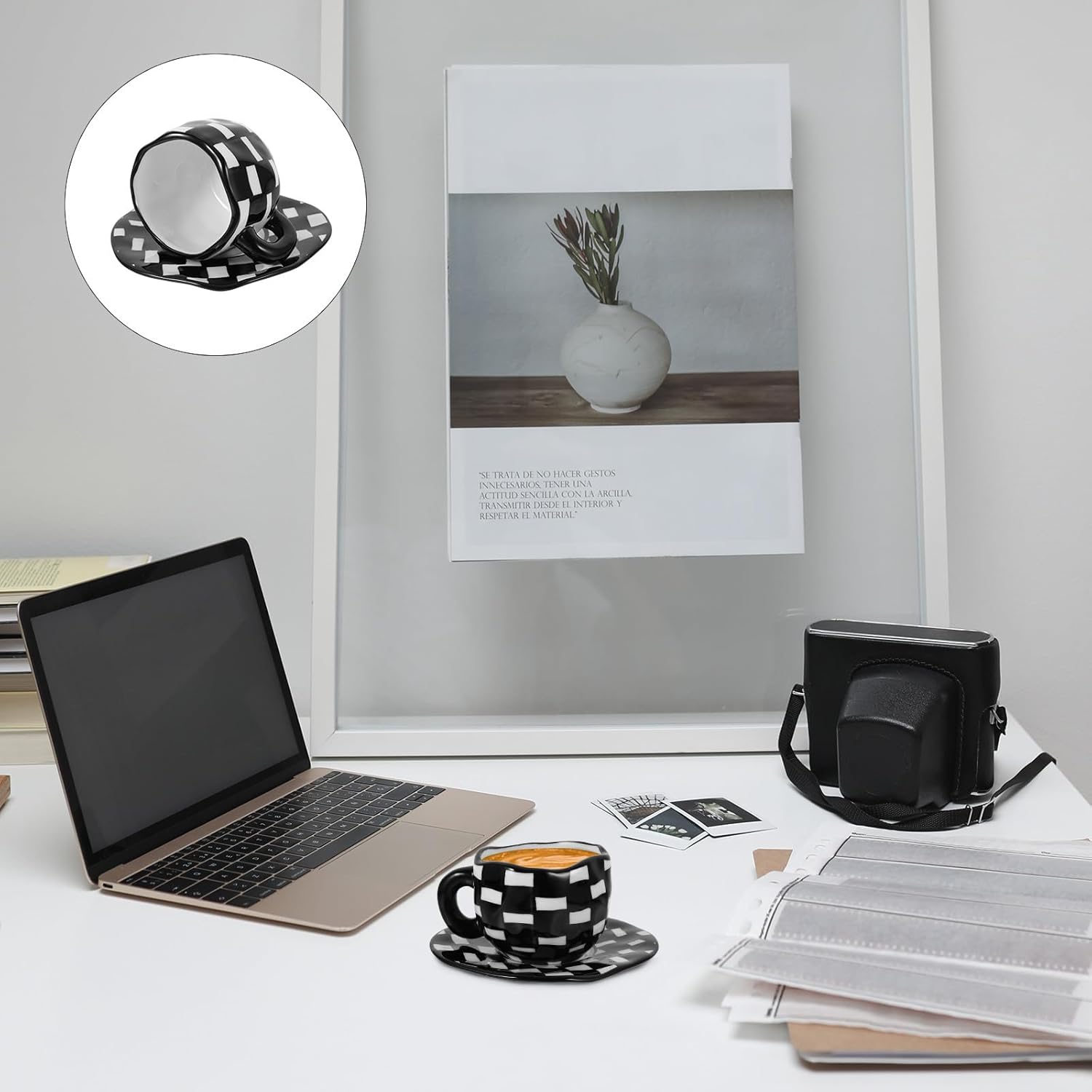 Checkered Black and White Coffee Mug and Saucer Set, Handcrafted Irregular Ceramic Milk Cup for Home and Office, Decorative Latte Tea Cup with Saucer