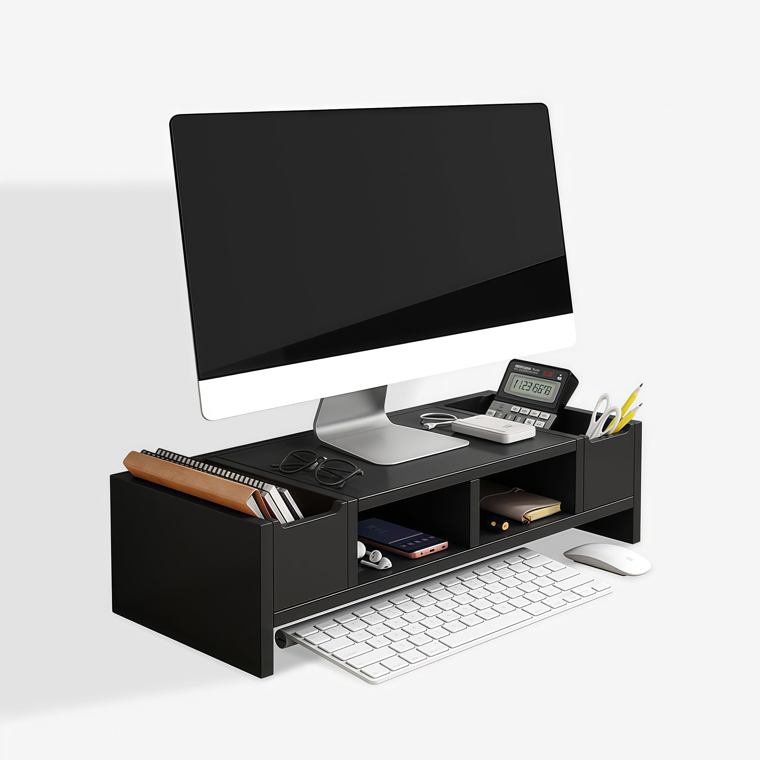 Supporto per monitor in legno con cassetto, organizer da scrivania a 2 ripiani per computer e TV a schermo piatto, per casa, ufficio, giochi e postazioni di lavoro