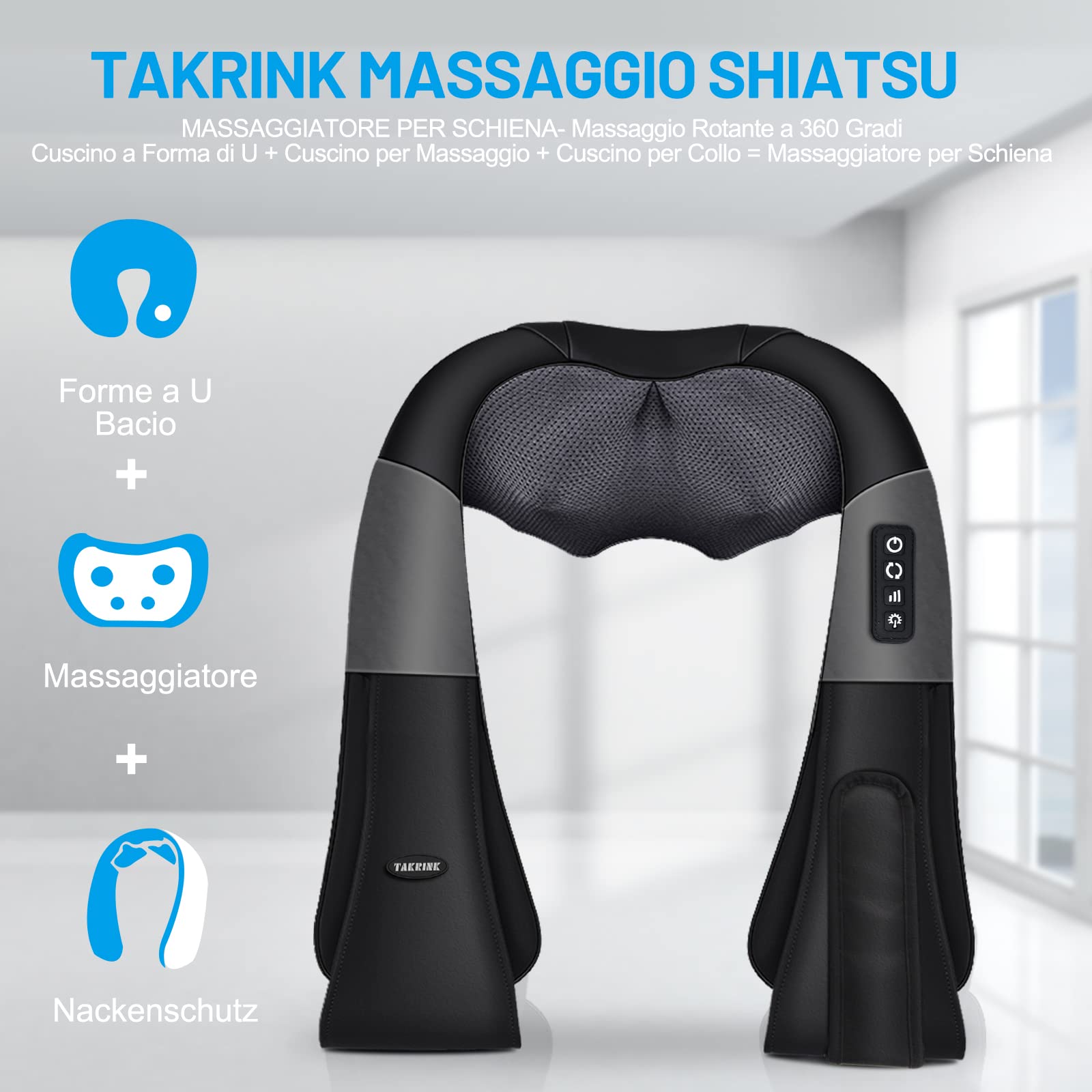 TAKRINK Massaggiatore Cervicale Riscaldato Massaggiatore Schiena 16 Palline Massaggio e 3 Velocità Regolabili Massaggio Shiatsu Elettrico Profondo Cavo di Alimentazione 1.8 m Cavo di Auto 1.2 m