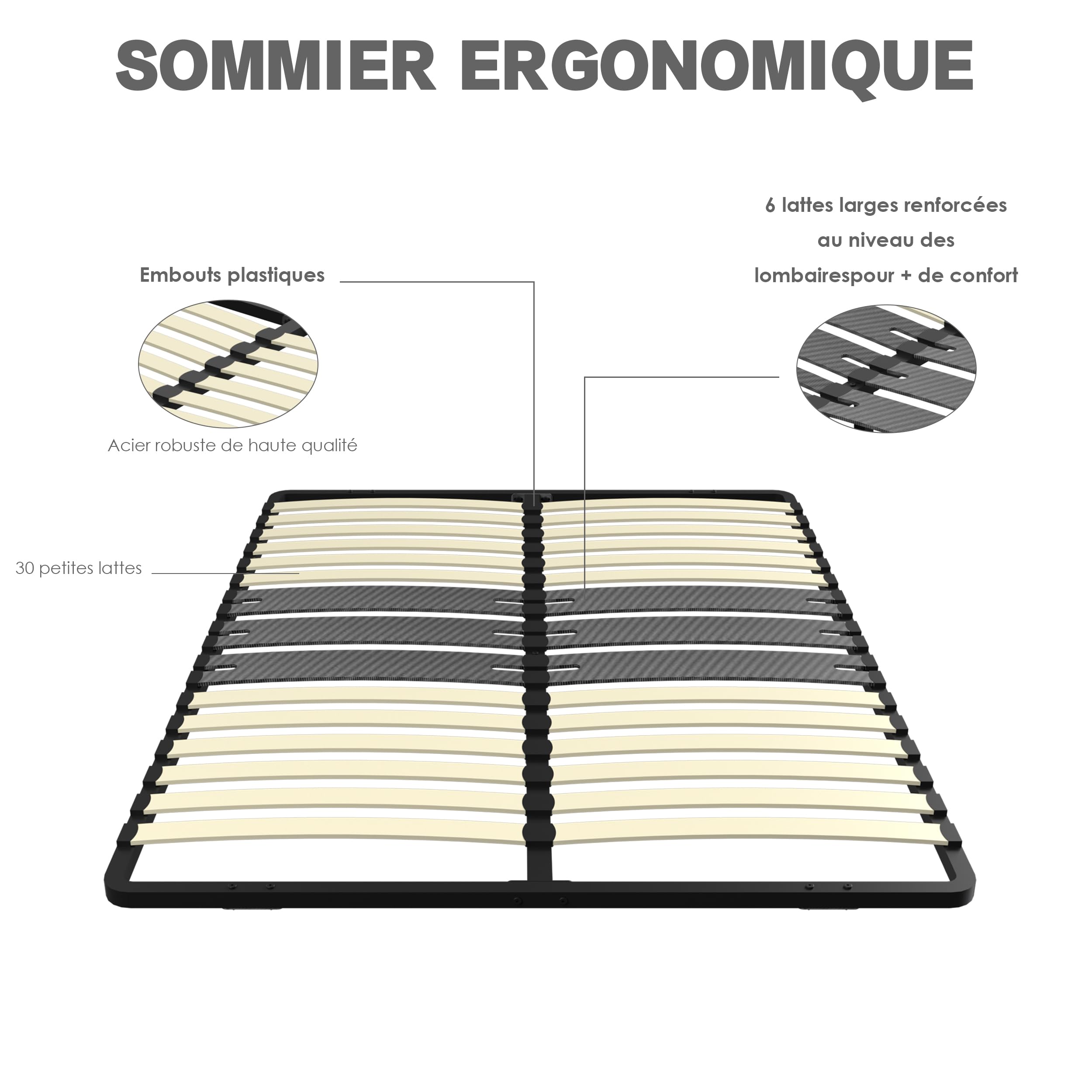 DEWINNER - Sommier 140x190 cm | 2x15 Lattes Peuplier Naturel | Pied Central Réglable T | Ergonomique | Structure Noire Moderne | Installation Express (1 Pied)