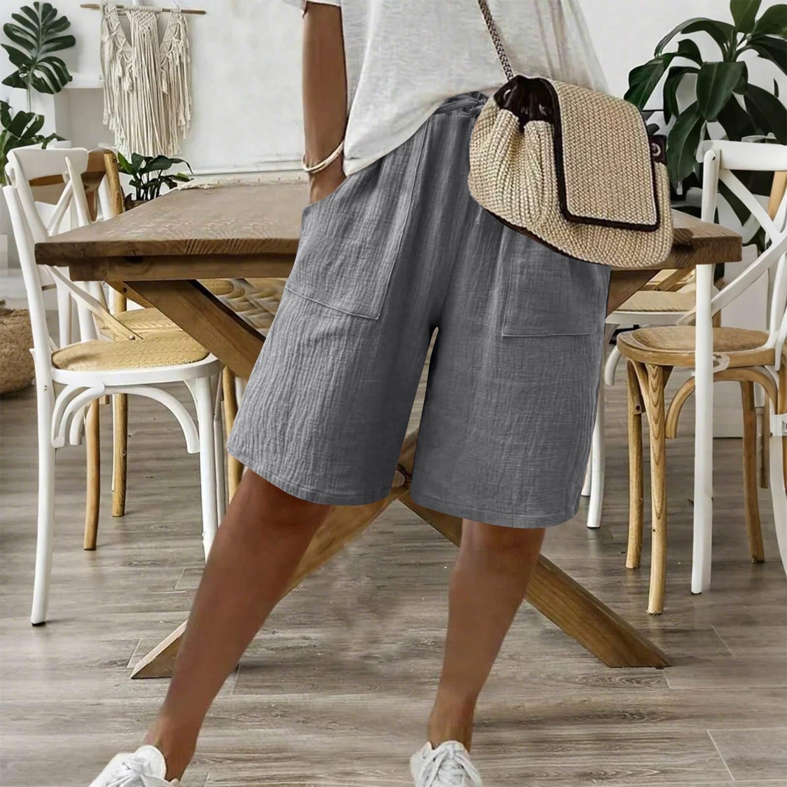 Bermuda Linen Shorts for Women High Waisted Casual Beach Long Shorts Drawstring Pull on Lounge Knee Length Short with Pockets Comfy Summer Ladies Short Pants Lightweight Flowy Wide Leg Capri Pants
