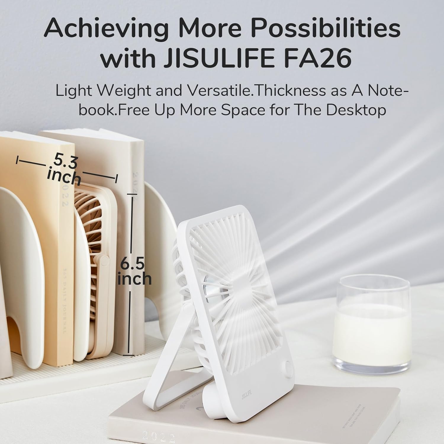 JISULIFE Desk Fan Battery Rechargeable, 4500mAh 180°Foldable Portable Personal Fan, 4 Speeds Adjustable Long Battery-life for Home Office Travel Outdoor Gifts for Women Men-White