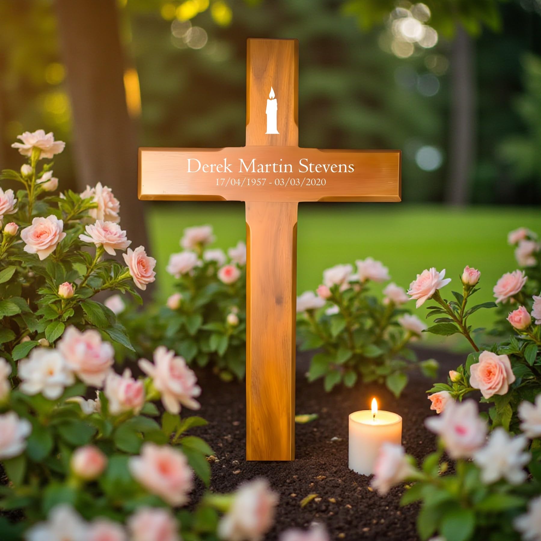 Personalised Mahogany Memorial Cross, Candle – Durable Wooden Grave Marker for Outdoor Use
