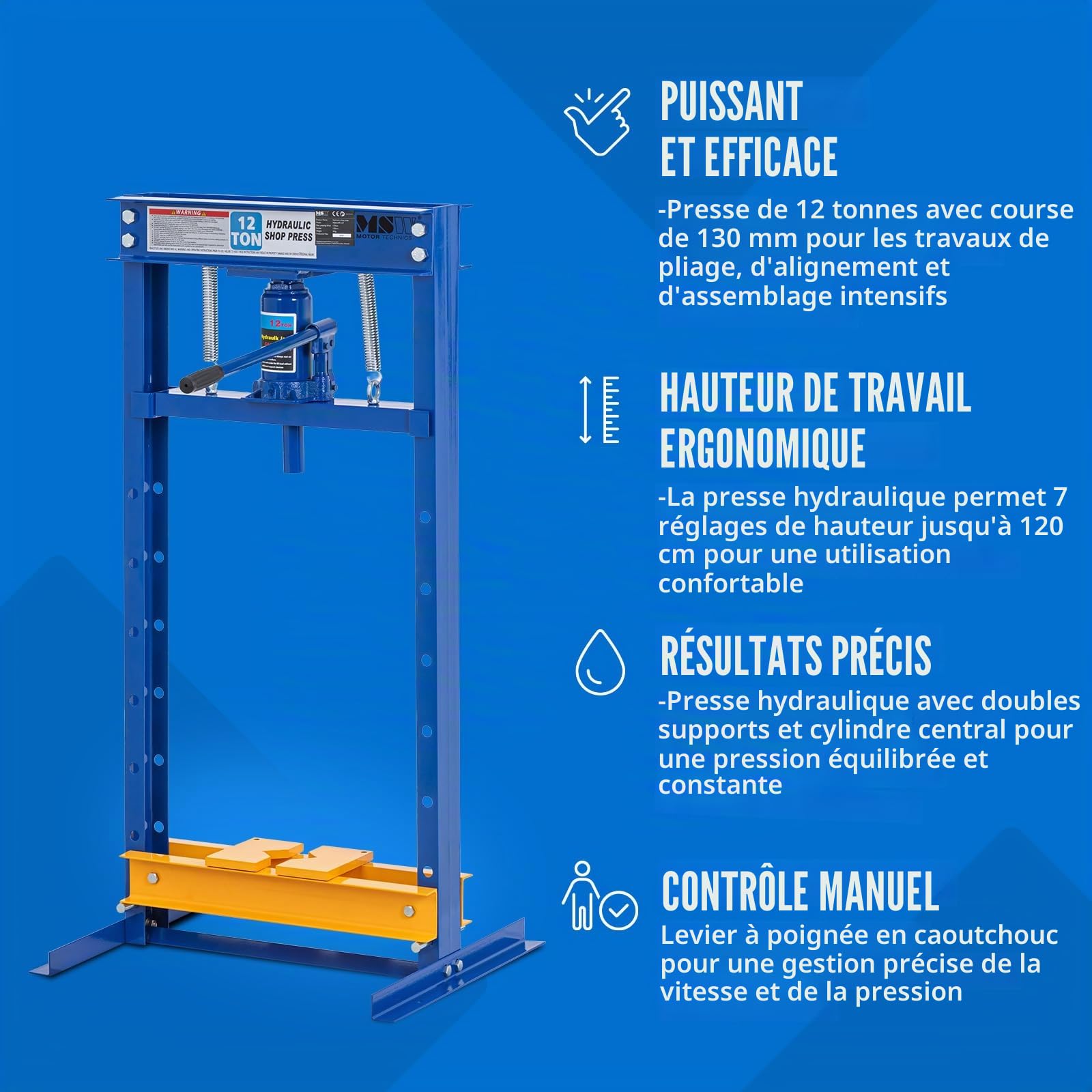 MSW Presse d'atelier 12 t de 540 x 170 mm en acier au carbone réglable en hauteur Course : 130 mm - Presse hydraulique professionnelle