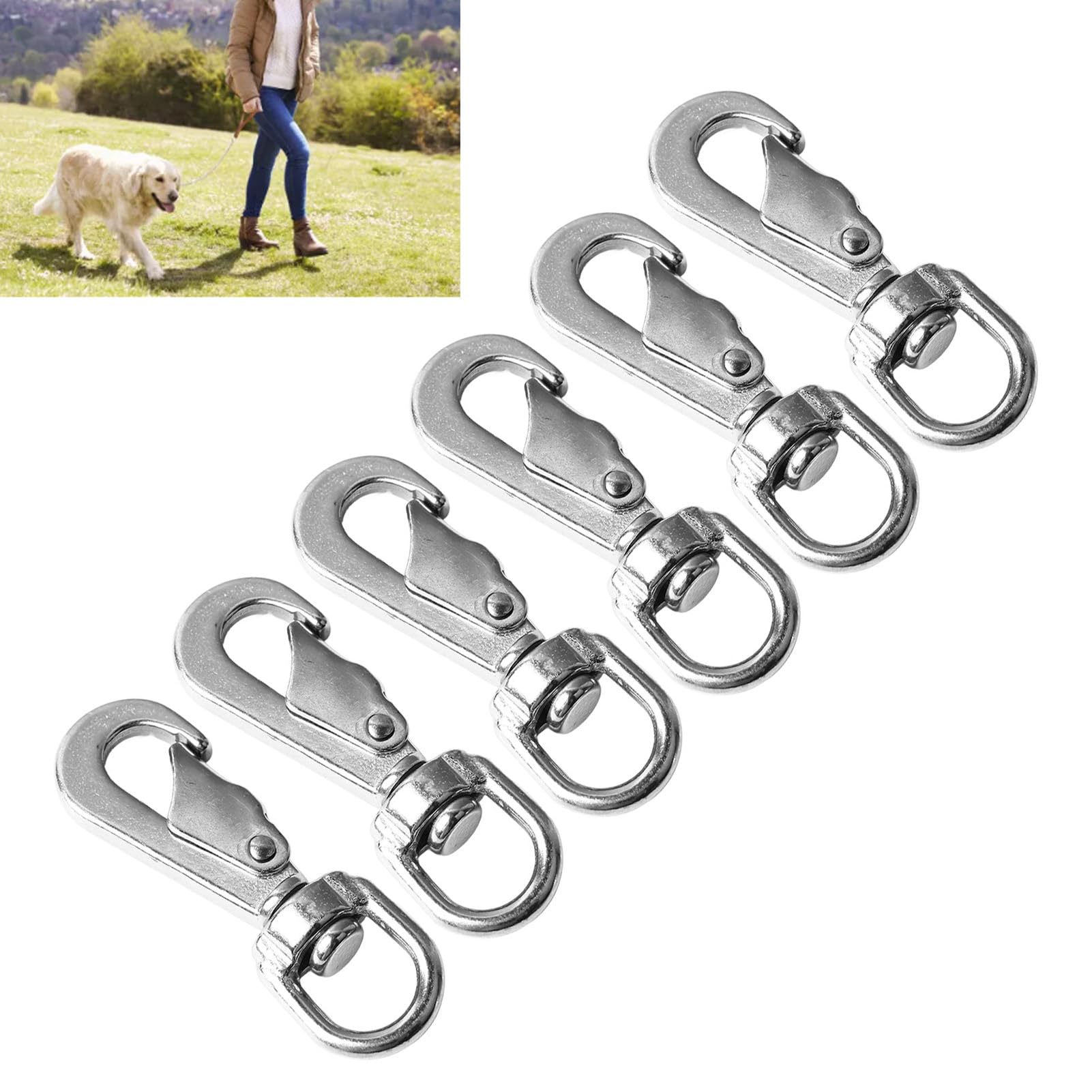 Rotating Hook, 6 Pack Stainless Steel Flag Clips, Mirror Polished, Prevent Accidental Opening with Elastic Spring for Dog Leashes