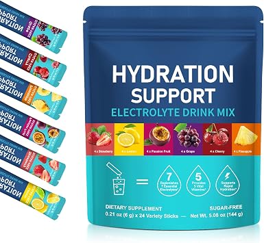Electrolytes Powder with Hydration Nutrition, Electrolytes Sachets 24PCS, Zero Sugar Hydration Packets with 7 Key Electrolytes & 5 Vital Vitamins for Rapid Hydration, 6 Flavors