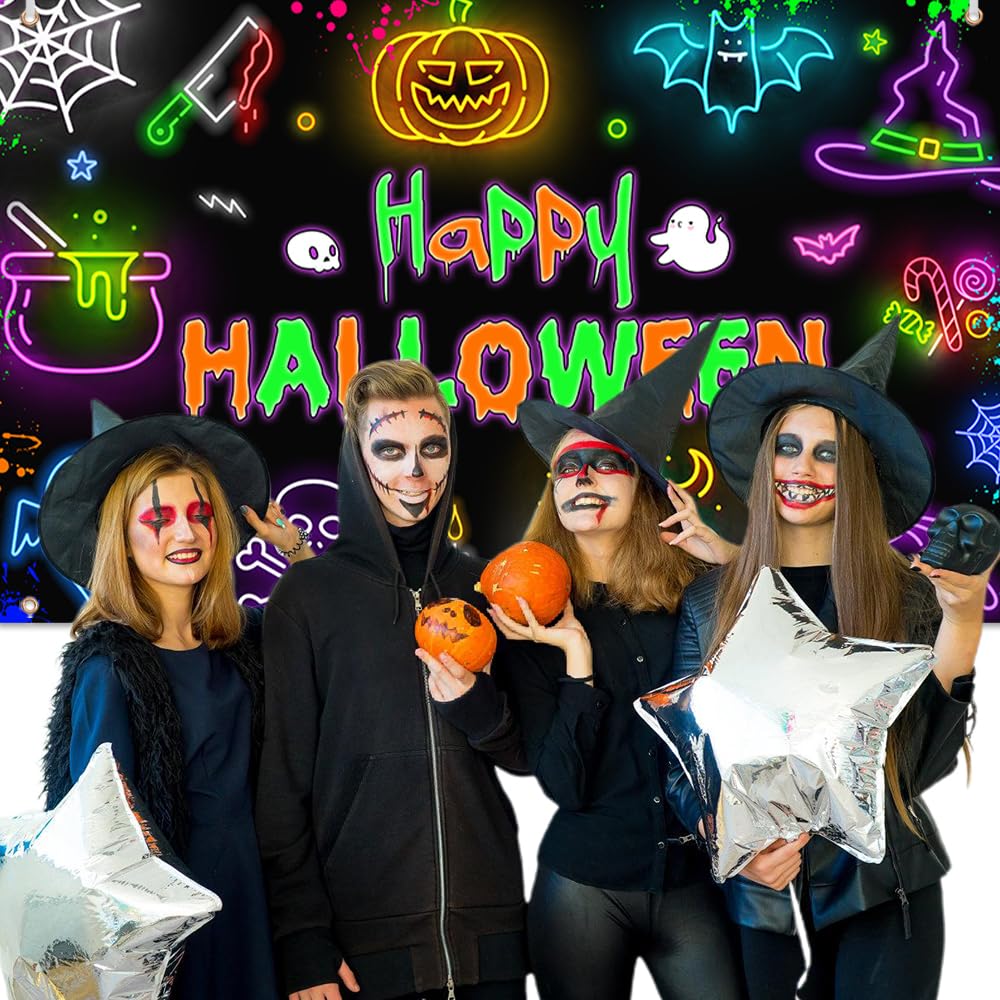 Neon Halloween-Banner – Riesiges Fotohintergrund-Tuch (179x110 Cm), Glow-in-the-dark Optik