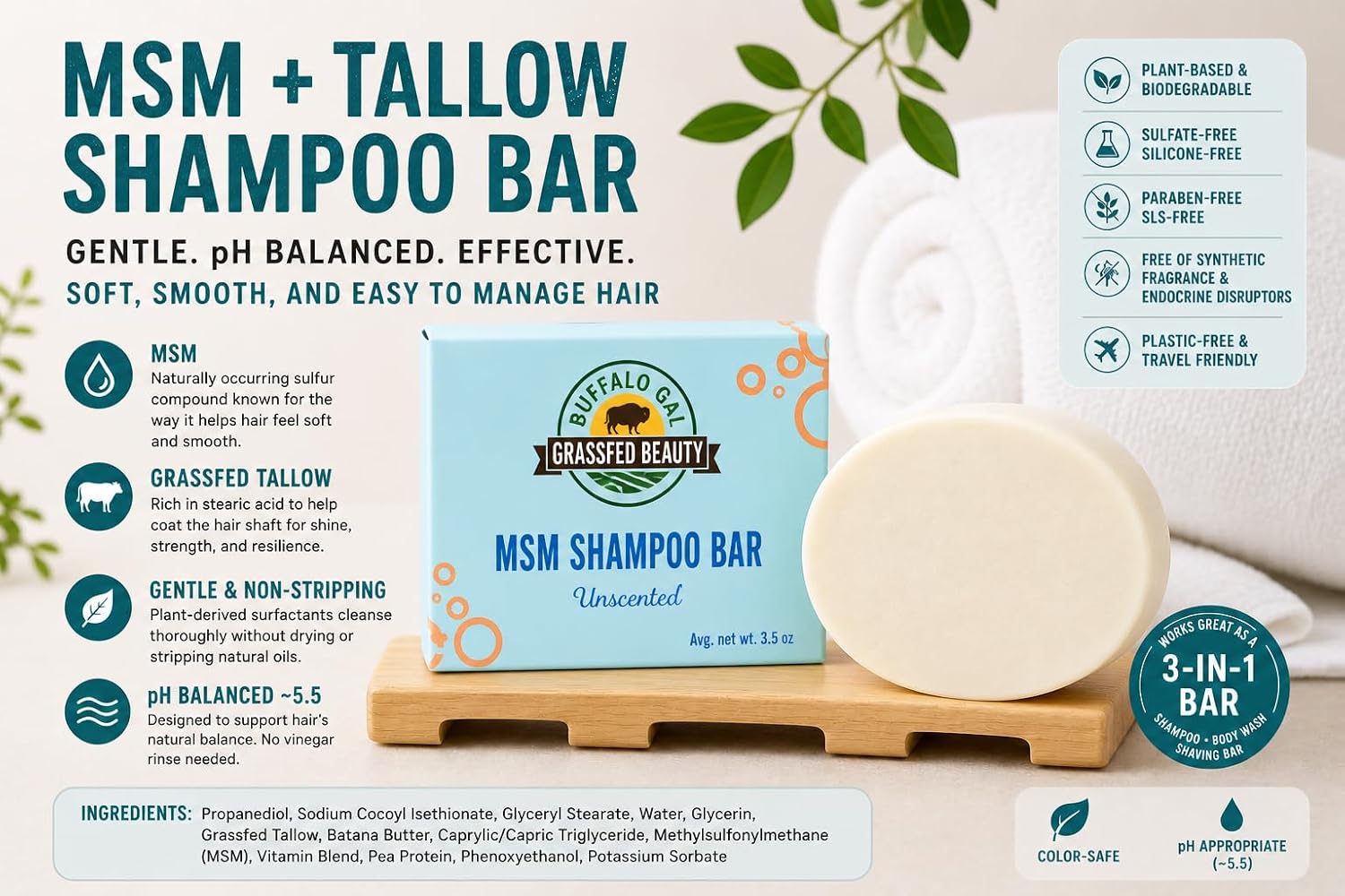 MSM + Tallow Shampoo Bar – Hair Growth Solid Shampoo for Soft, Healthy Hair – pH Balanced, Sulfate-Free, Silicone-Free, Plastic-Free – Unscented image 3