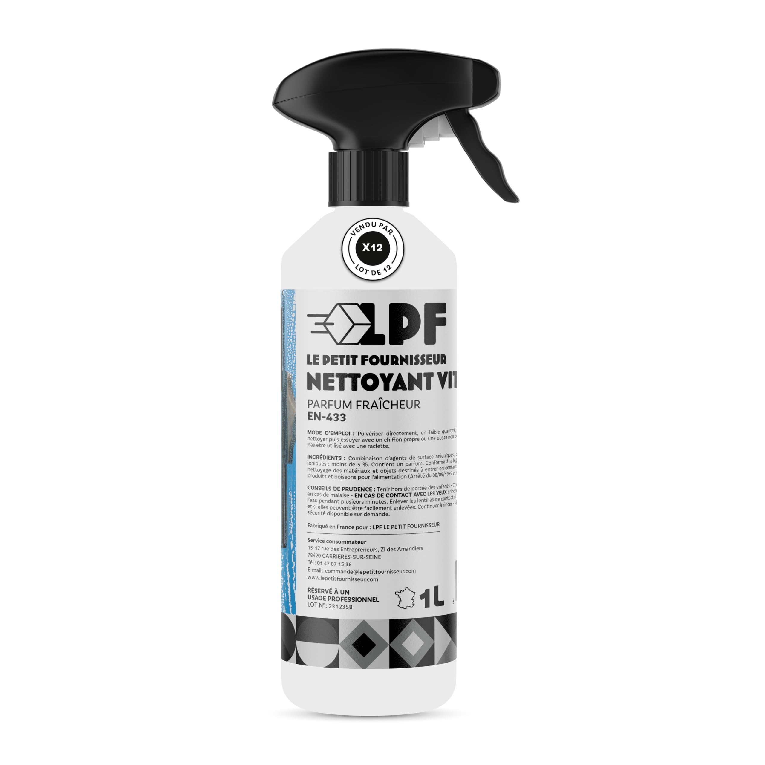LPF LE PETIT FOURNISSEUR - Nettoyant Vitres Spray 1L - Produit Vitres Sans Trace - Action Anti-Buee Dégraissante - Surfaces Verre Miroir Plexiglas - Prêt à l'Emploi - Lot de 12