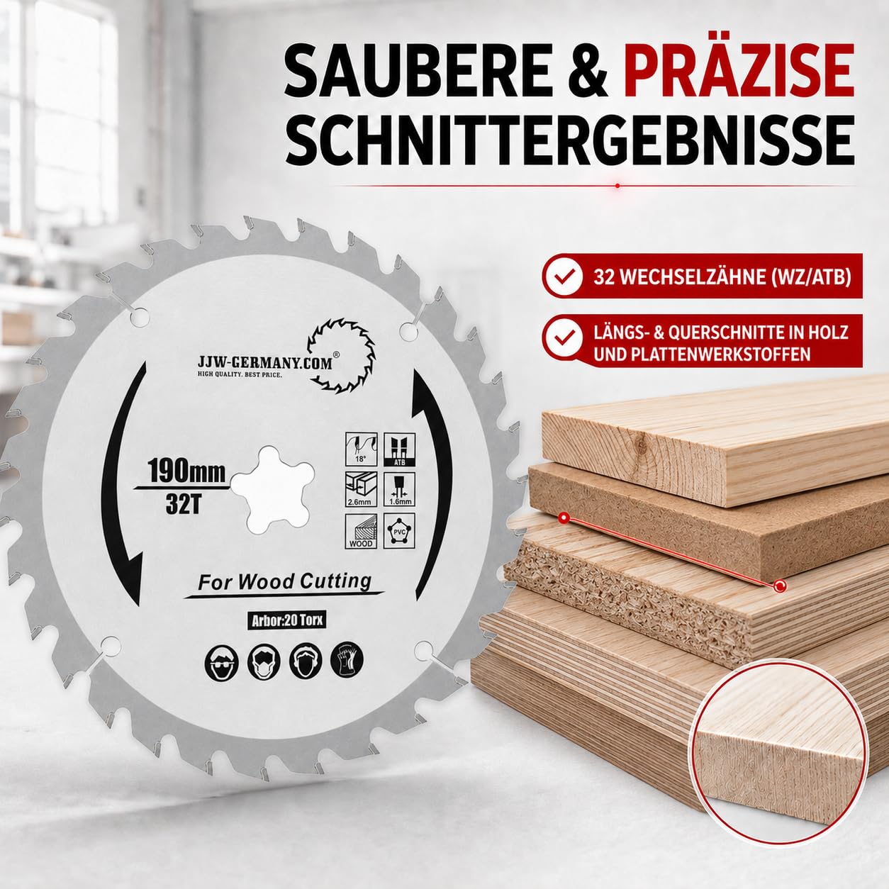 jjw-germany HM Sägeblatt 190 x 2,6 FastFix Sternaufnahme Z= 32 WZ