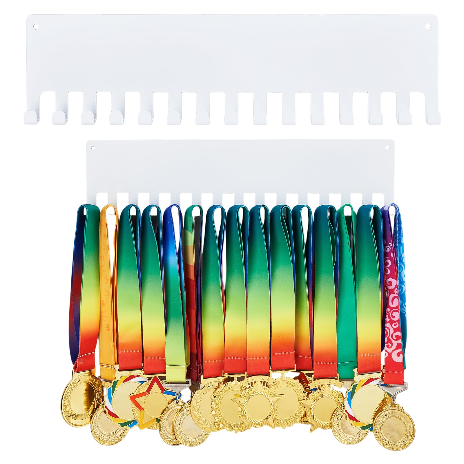 Superdant - Portamedallas metálicas, estilo básico, diseño minimalista, soporte para medallas, 15 ganchos, organizador de cintas para recompensas deportivas, montaje en pared, 40 x 10 cm